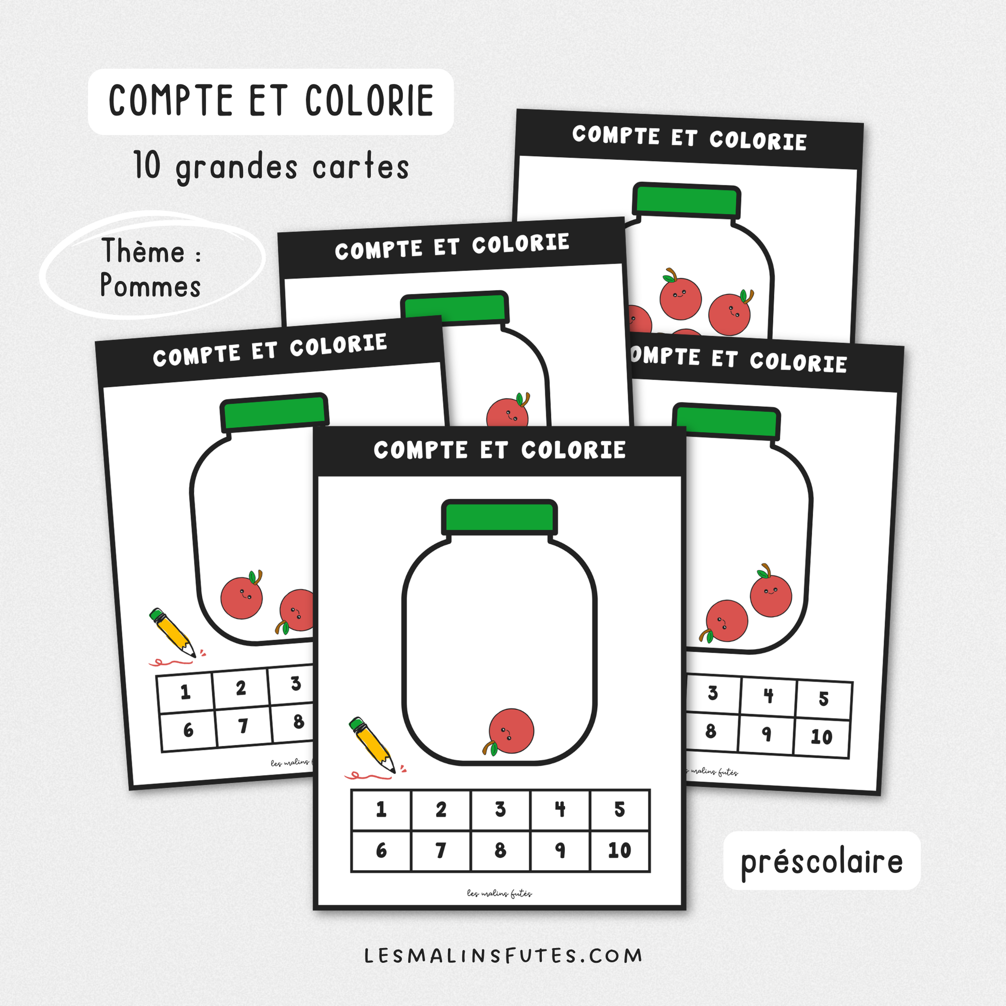 Illustration de grandes cartes sur le thème des pommes pour le préscolaire avec éléments graphiques.
