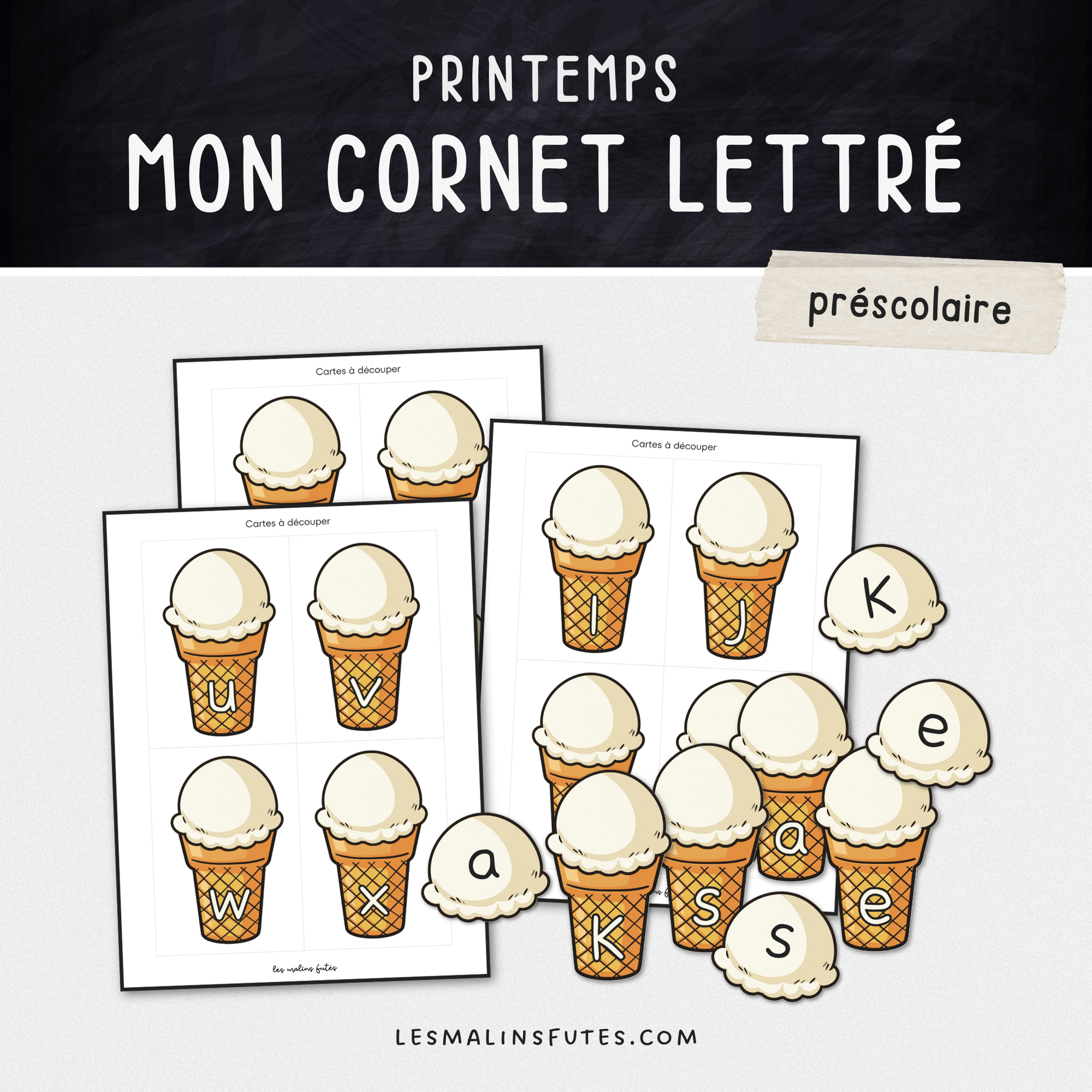 Illustration avec cornets de crème glacée et éléments graphiques pour les élèves du préscolaire. Les Malins Futés