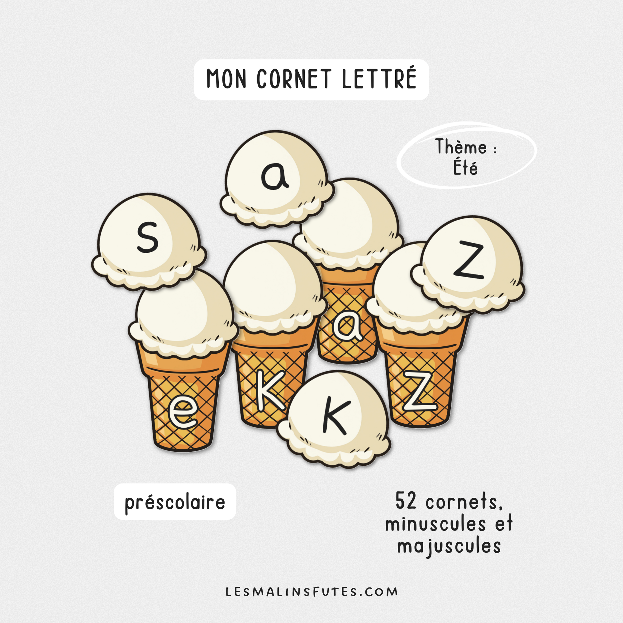 Illustration avec cornets de crème glacée et éléments graphiques pour les élèves du préscolaire. Les Malins Futés