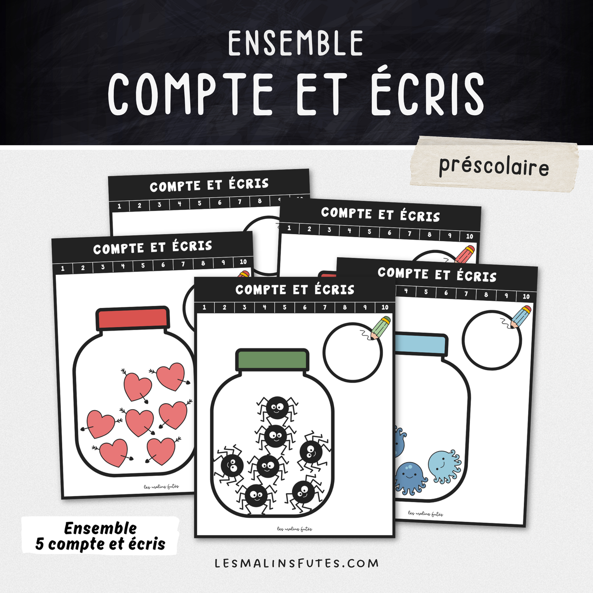Illustrations de l'ensemble Compte et écris pour le préscolaire. Les Malins Futés
