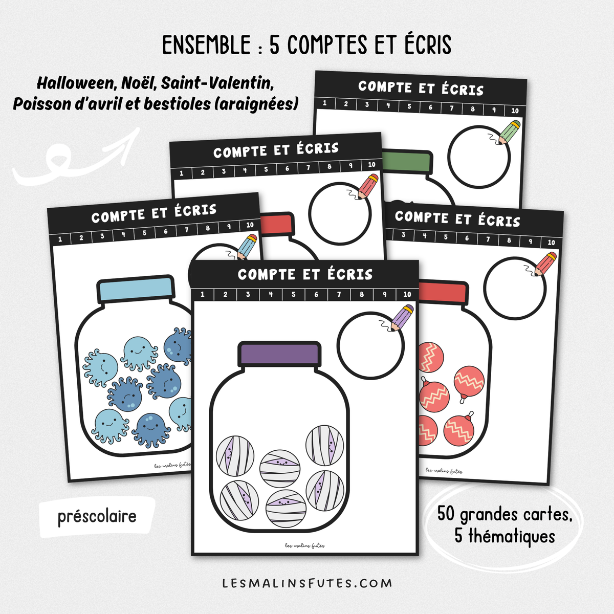 Illustrations de l'ensemble Compte et écris pour le préscolaire. Les Malins Futés