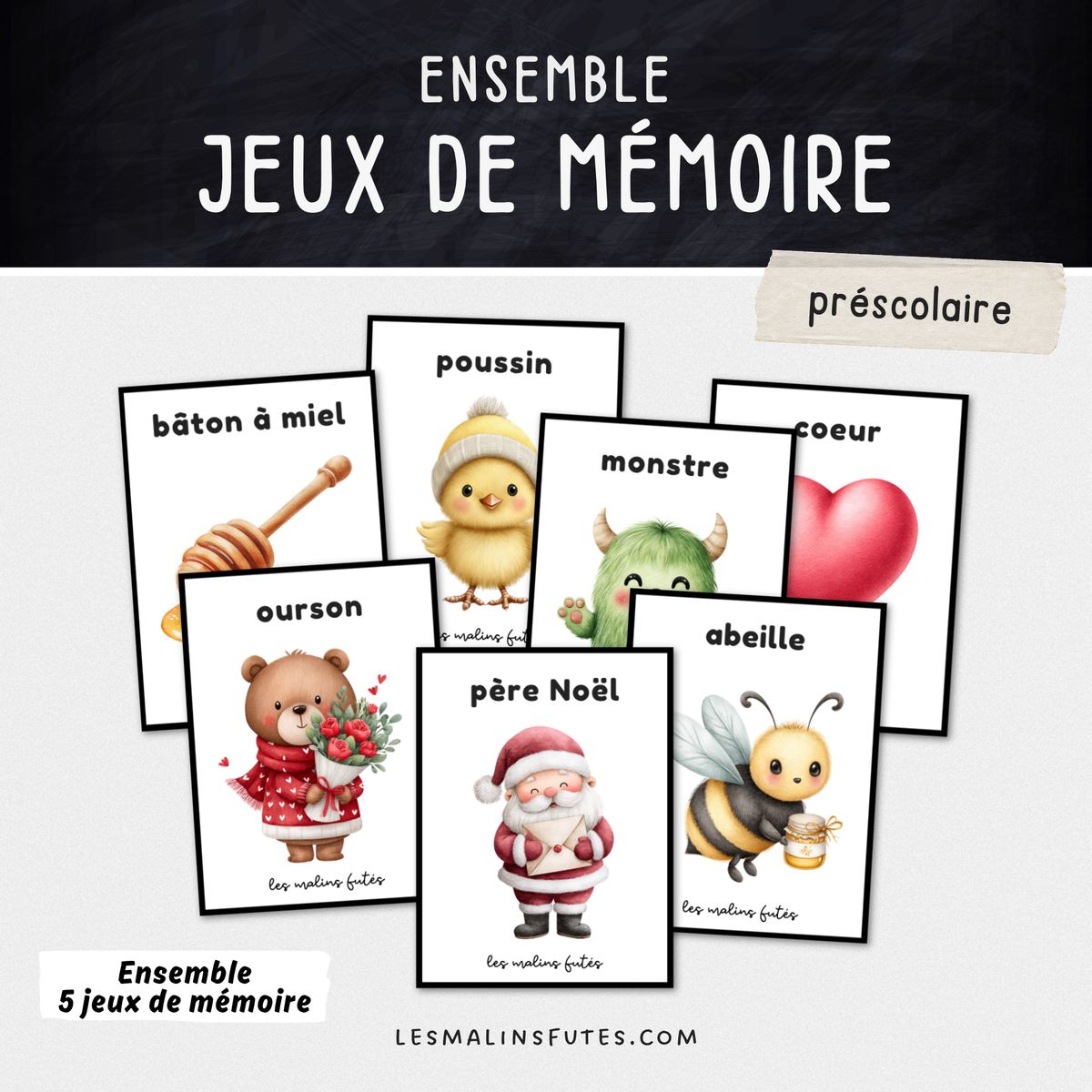 Illustrations de l'ensemble de 5 jeux de mémoire thématique pour le préscolaire. Les Malins Futés
