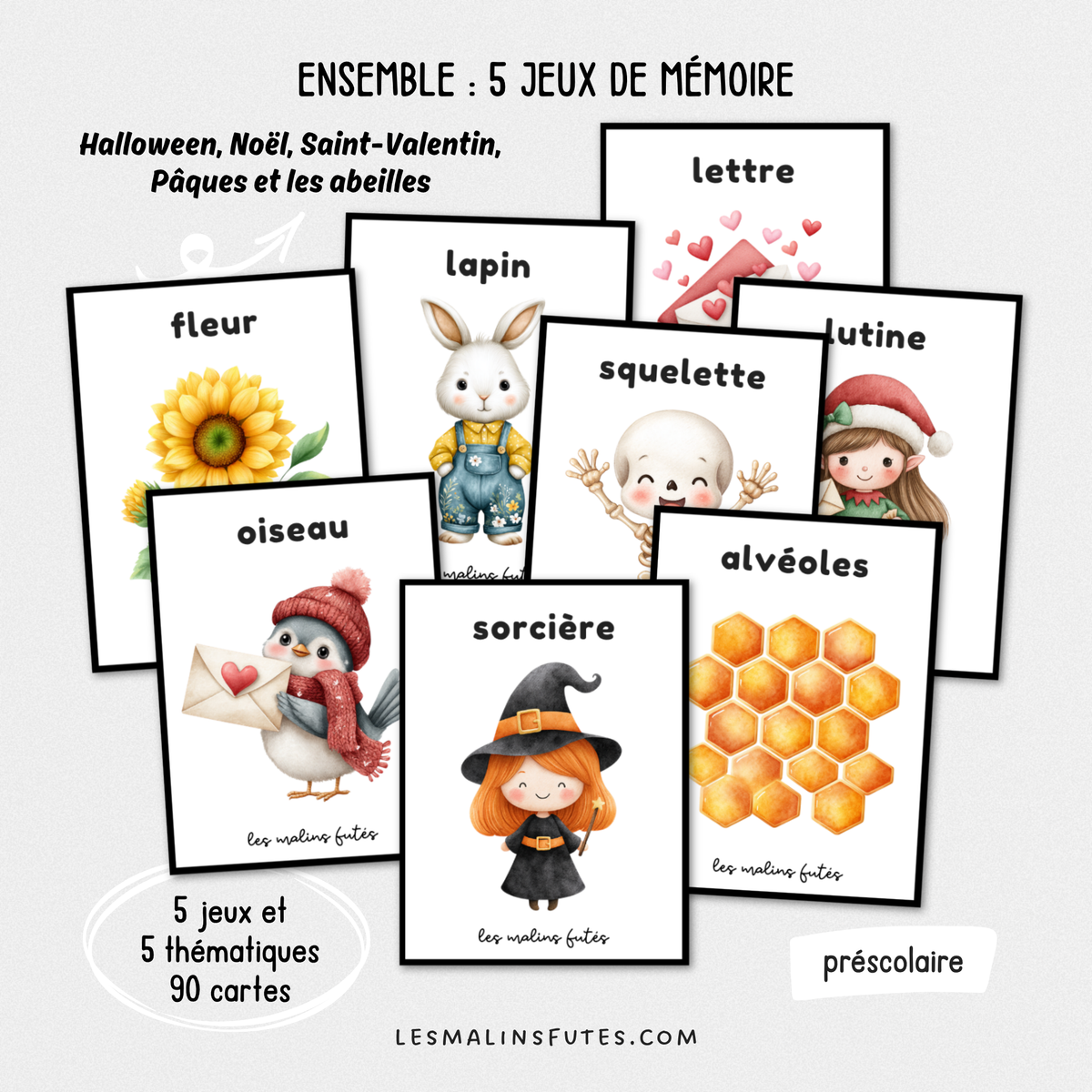 Illustrations de l'ensemble de 5 jeux de mémoire thématique pour le préscolaire. Les Malins Futés