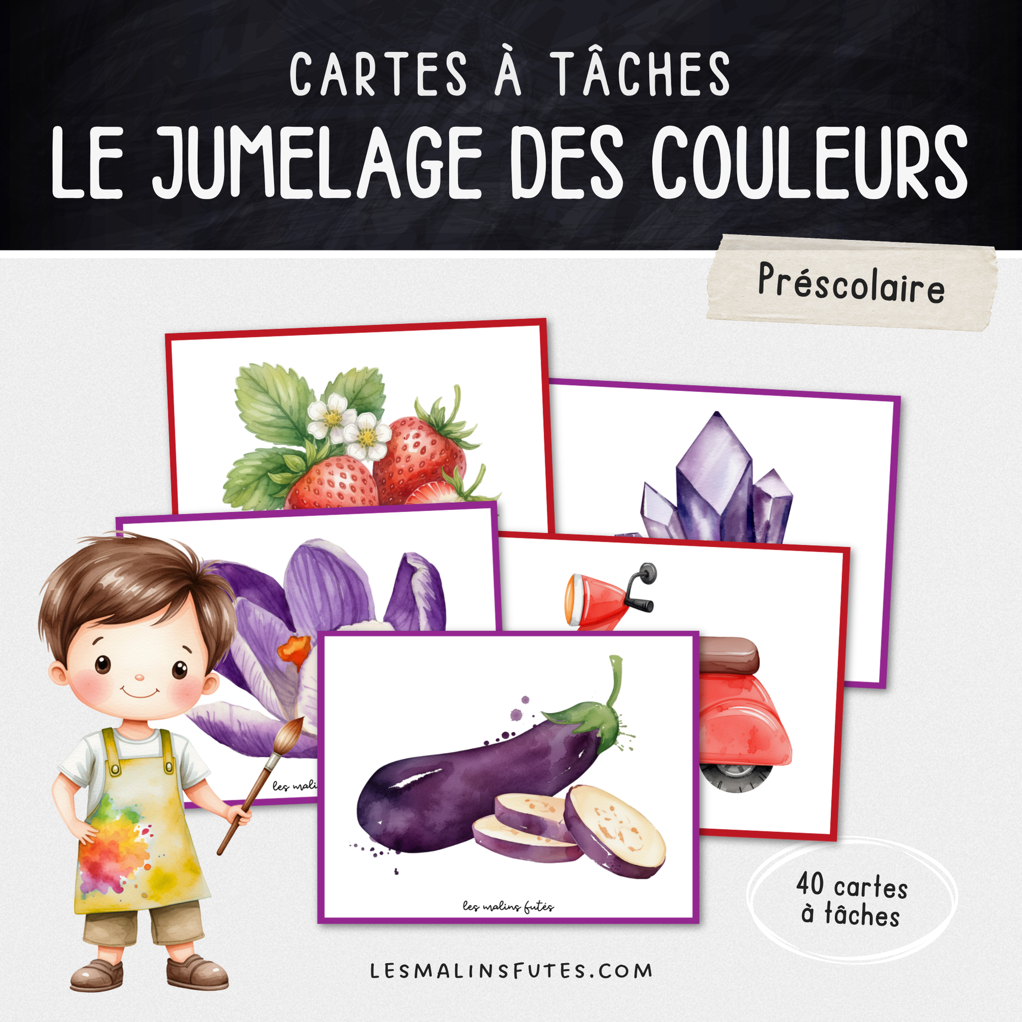 Cartes illustrées pour le jumelage et l'association des couleurs au préscolaire. Les Malins Futés