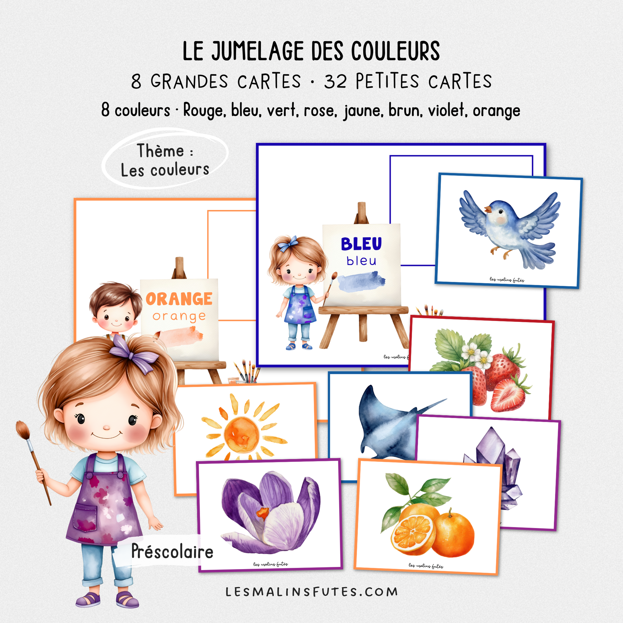 Cartes illustrées pour le jumelage et l'association des couleurs au préscolaire. Les Malins Futés