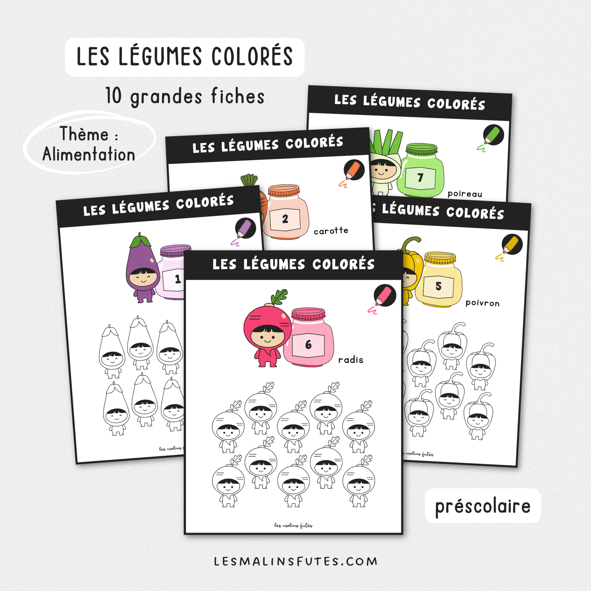 Illustration de grandes cartes éducatives pour les élèves du préscolaire avec éléments graphiques.