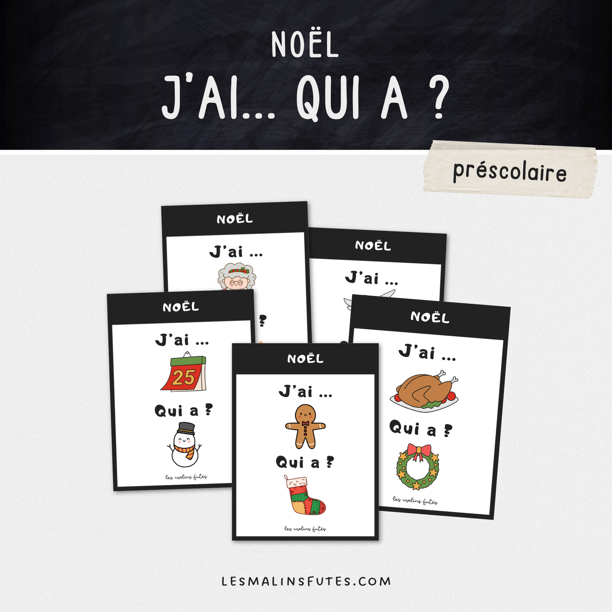 24 cartes du jeu J'ai... Qui a ? pour pratiquer le vocabulaire de Noël. Les Malins Futés