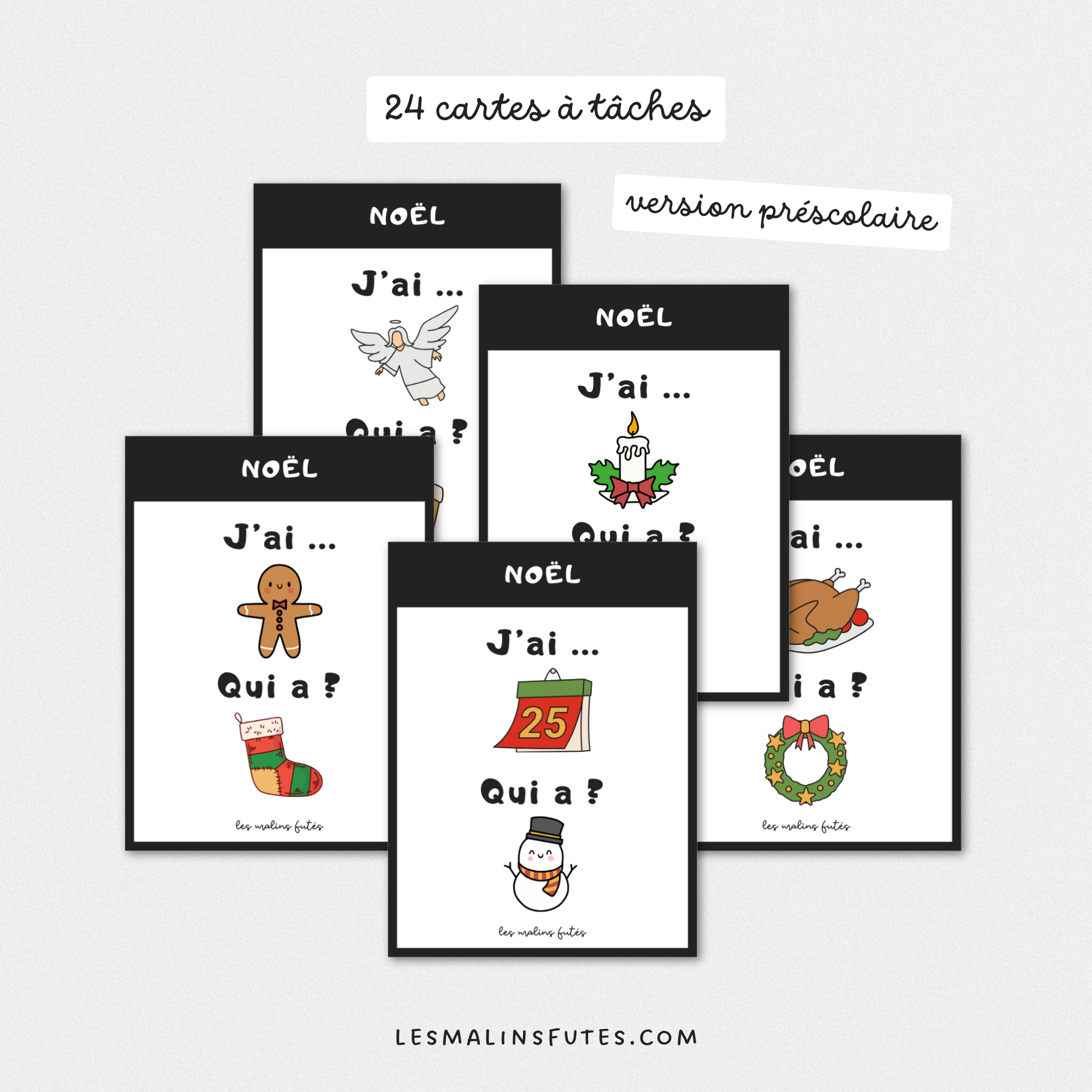 24 cartes du jeu J'ai... Qui a ? pour pratiquer le vocabulaire de Noël. Les Malins Futés