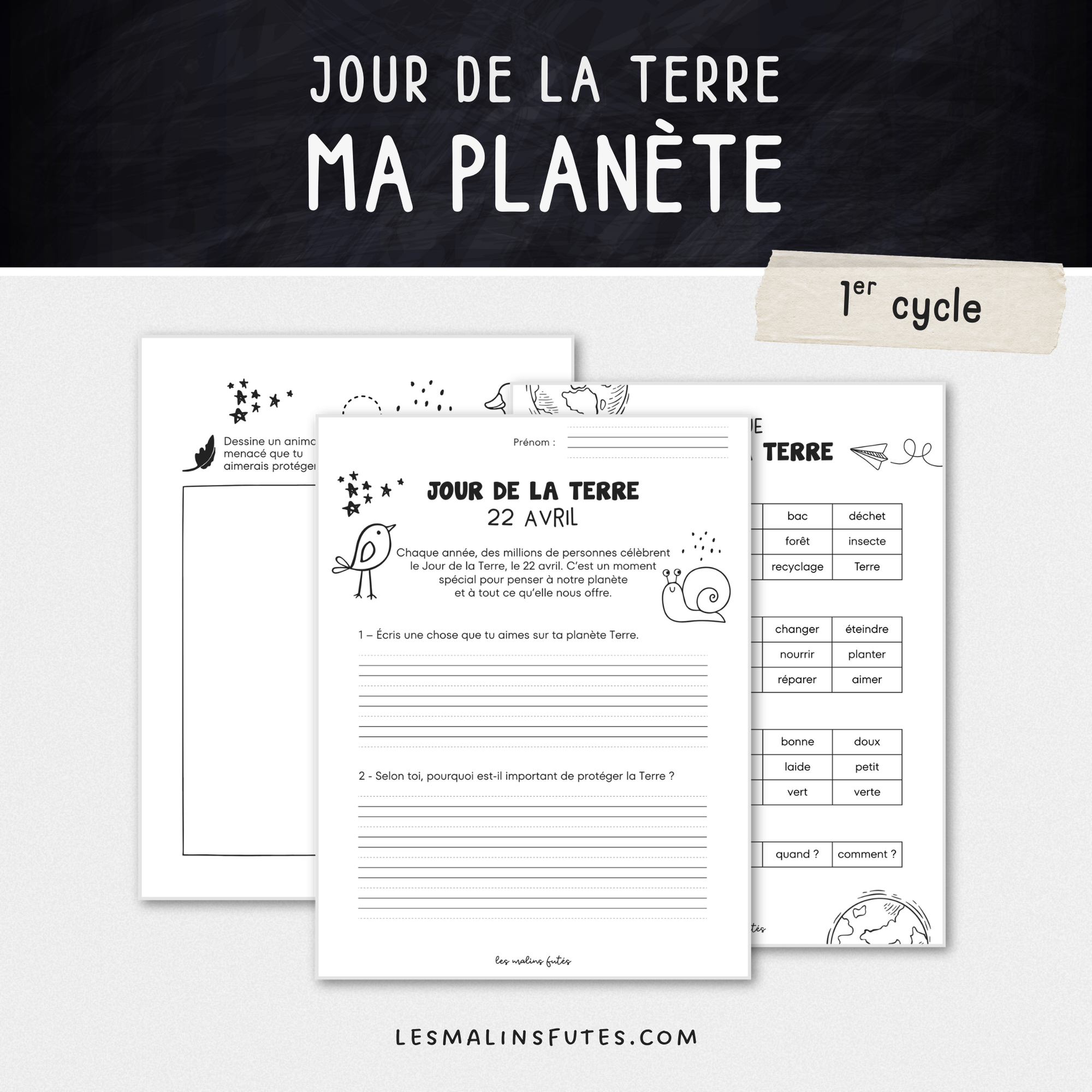 Illustration de trois pages d'activités pour le 1er cycle du primaire à l'occasion du Jour de la Terre avec éléments graphiques.