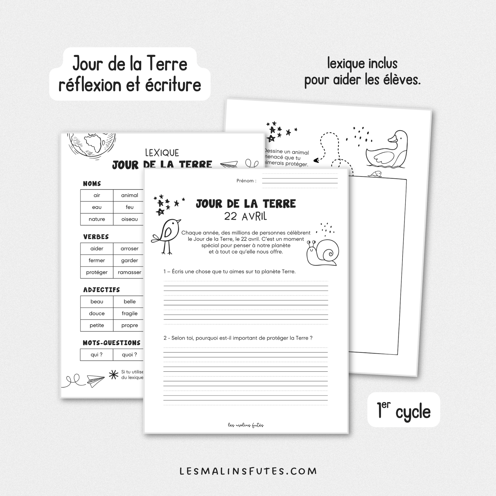 Illustration de trois pages d'activités pour le 1er cycle du primaire à l'occasion du Jour de la Terre avec éléments graphiques.