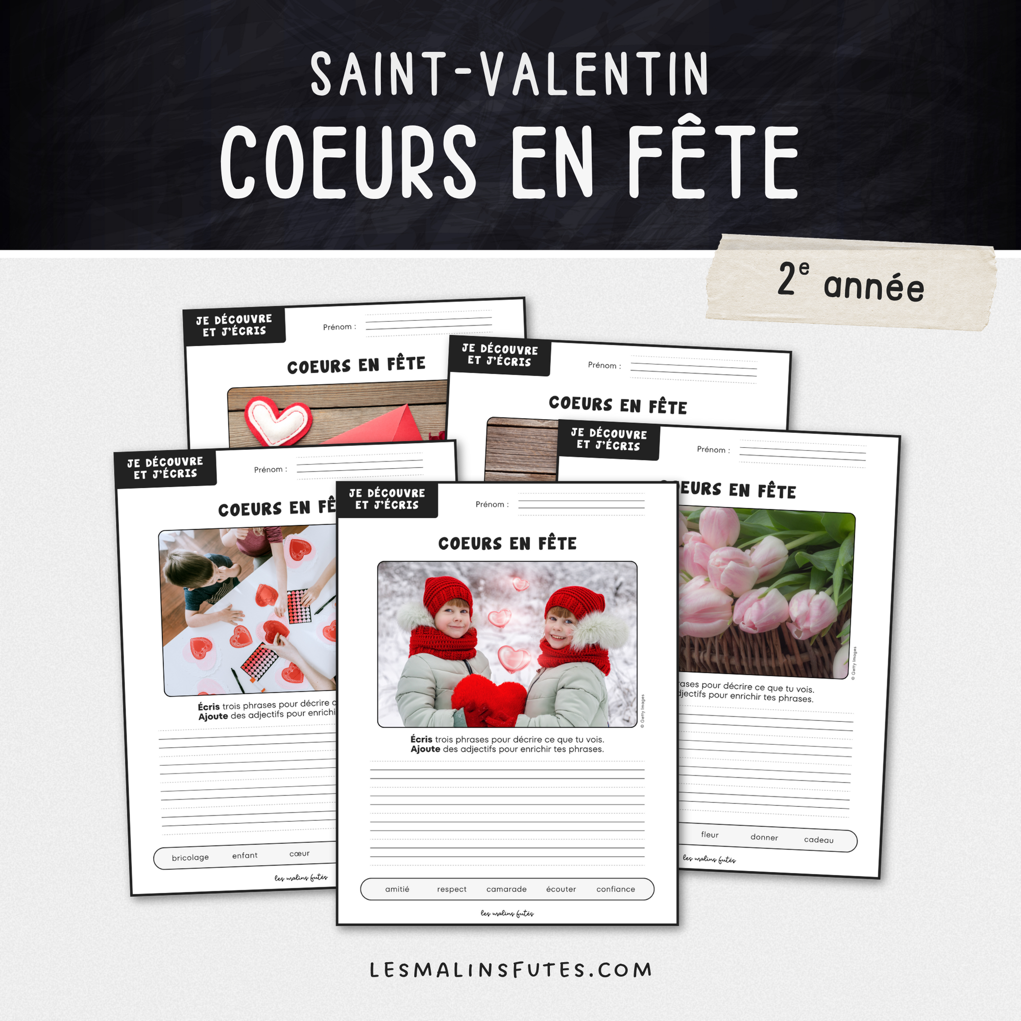 Je découvre et j&#39;écris : Cœurs en fête - 2e année. Les Malins Futés