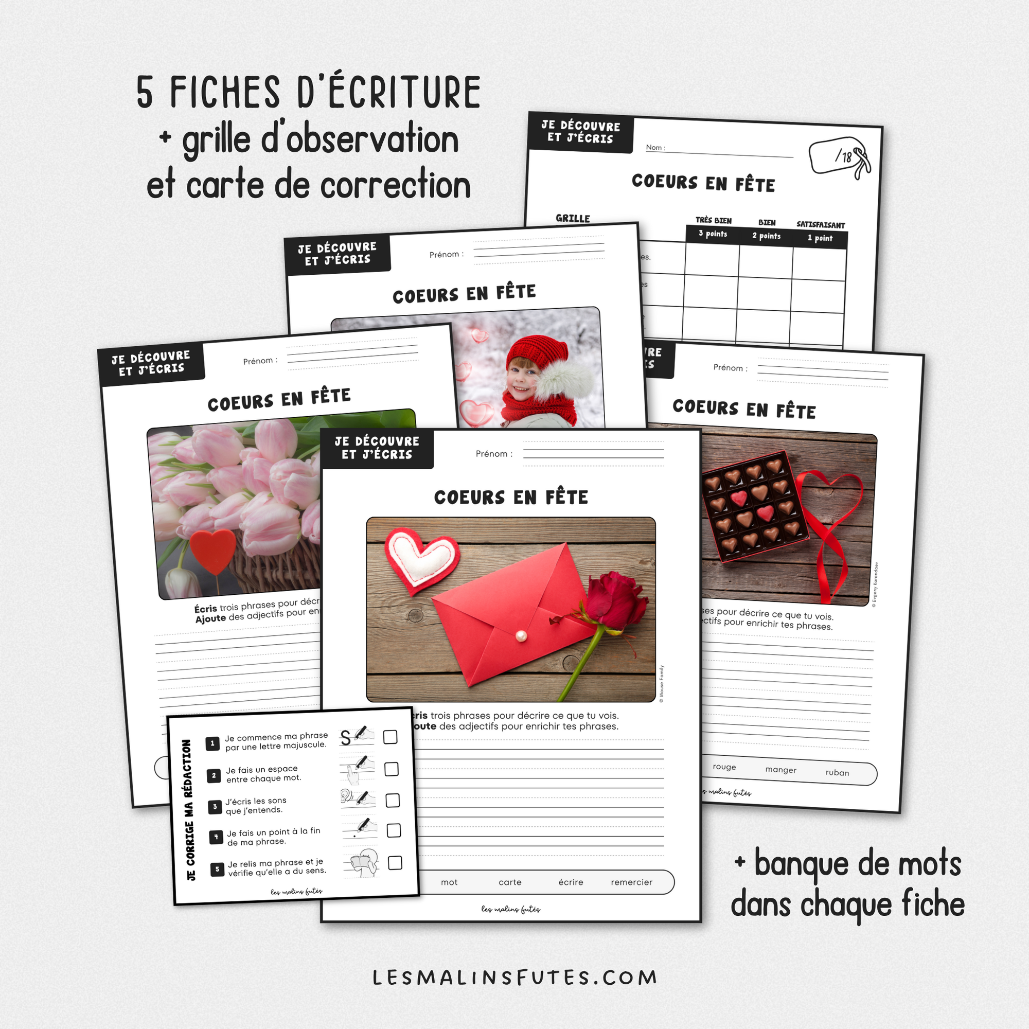 Je découvre et j&#39;écris : Cœurs en fête - 2e année. Les Malins Futés