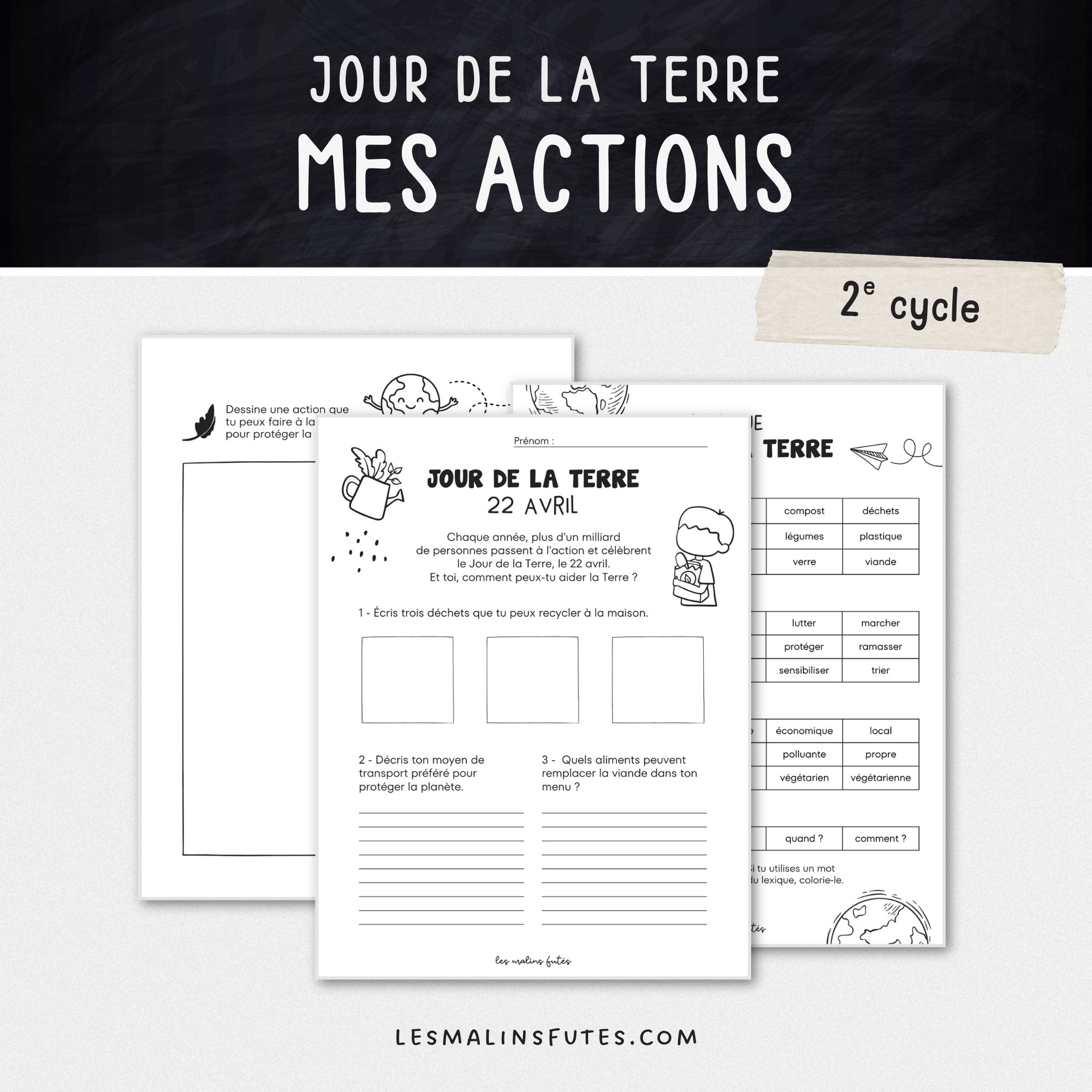 Illustration de trois pages d'activités sur le thème du Jour de la Terre pour le 2e cycle du primaire avec éléments graphiques.