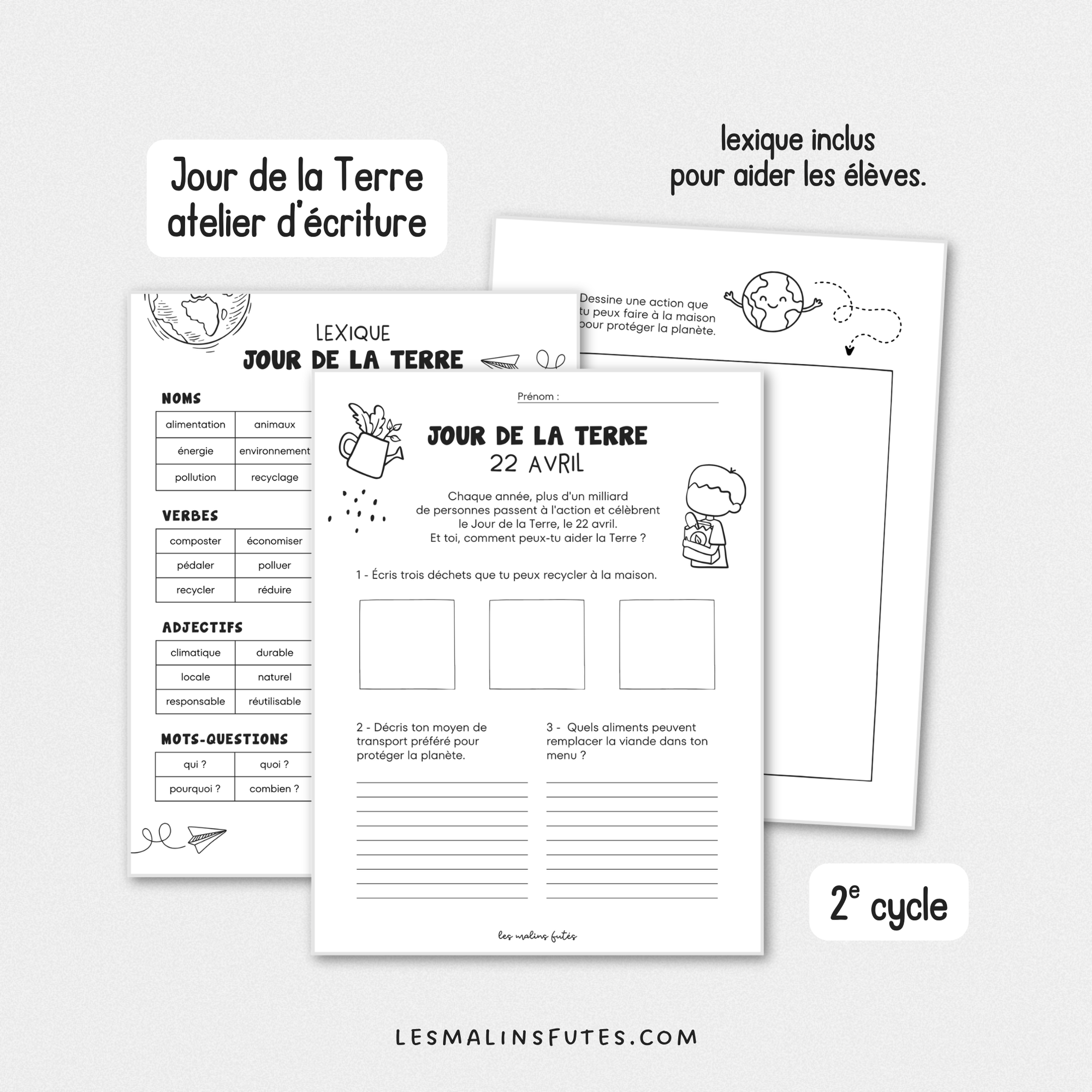 Illustration de trois pages d'activités sur le thème du Jour de la Terre pour le 2e cycle du primaire avec éléments graphiques.