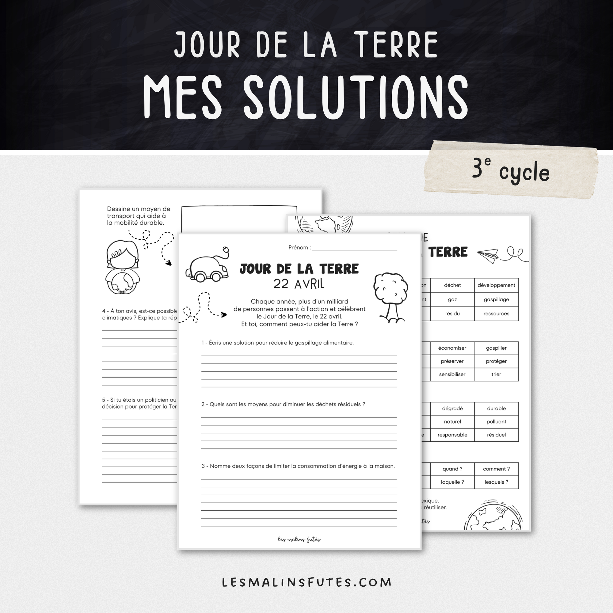 Illustration de trois pages de questionnaire sur le thème du Jour de la Terre pour le 3e cycle du primaire avec éléments graphiques.