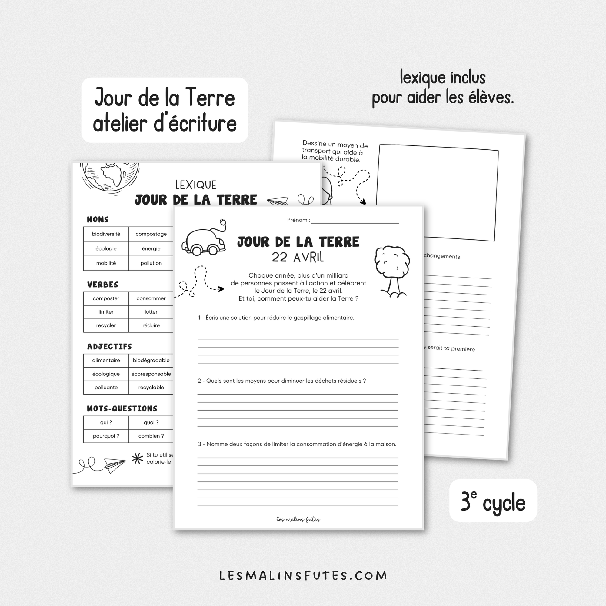 Illustration de trois pages de questionnaire sur le thème du Jour de la Terre pour le 3e cycle du primaire avec éléments graphiques.