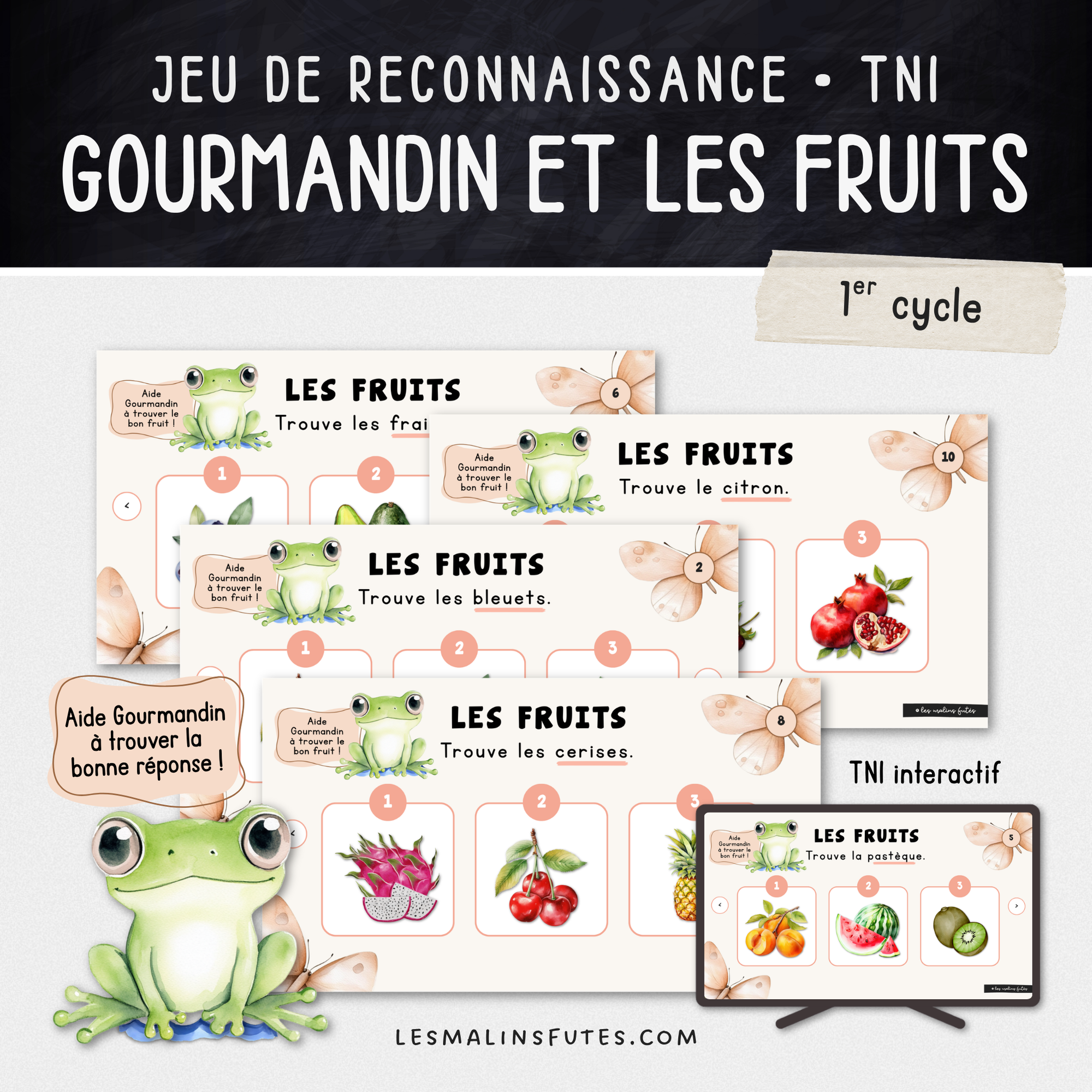 Diapositives colorées d'une activité de reconnaissance des fruits pour le 1er cycle du primaire. Les Malins Futés