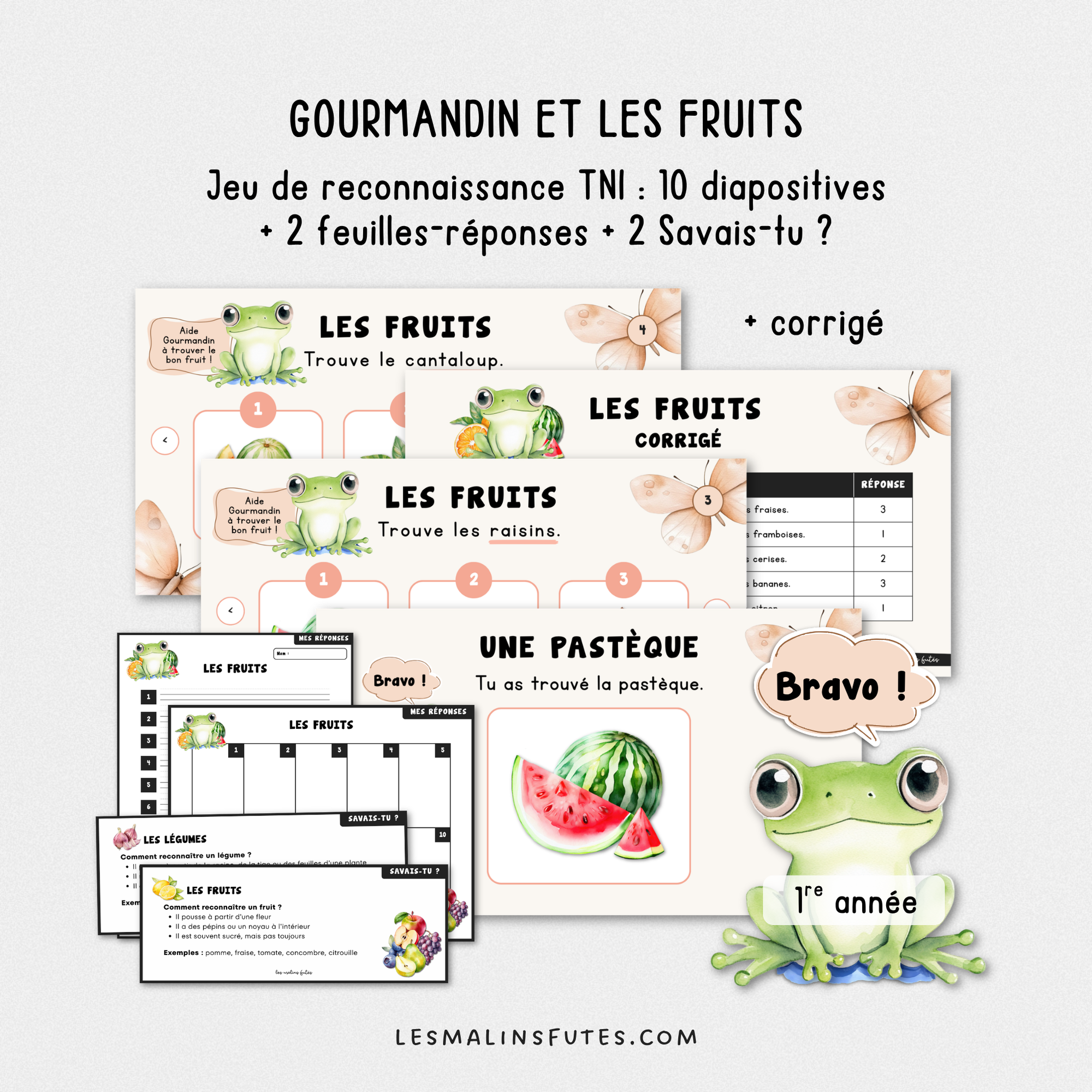 Diapositives colorées d'une activité de reconnaissance des fruits pour le 1er cycle du primaire. Les Malins Futés