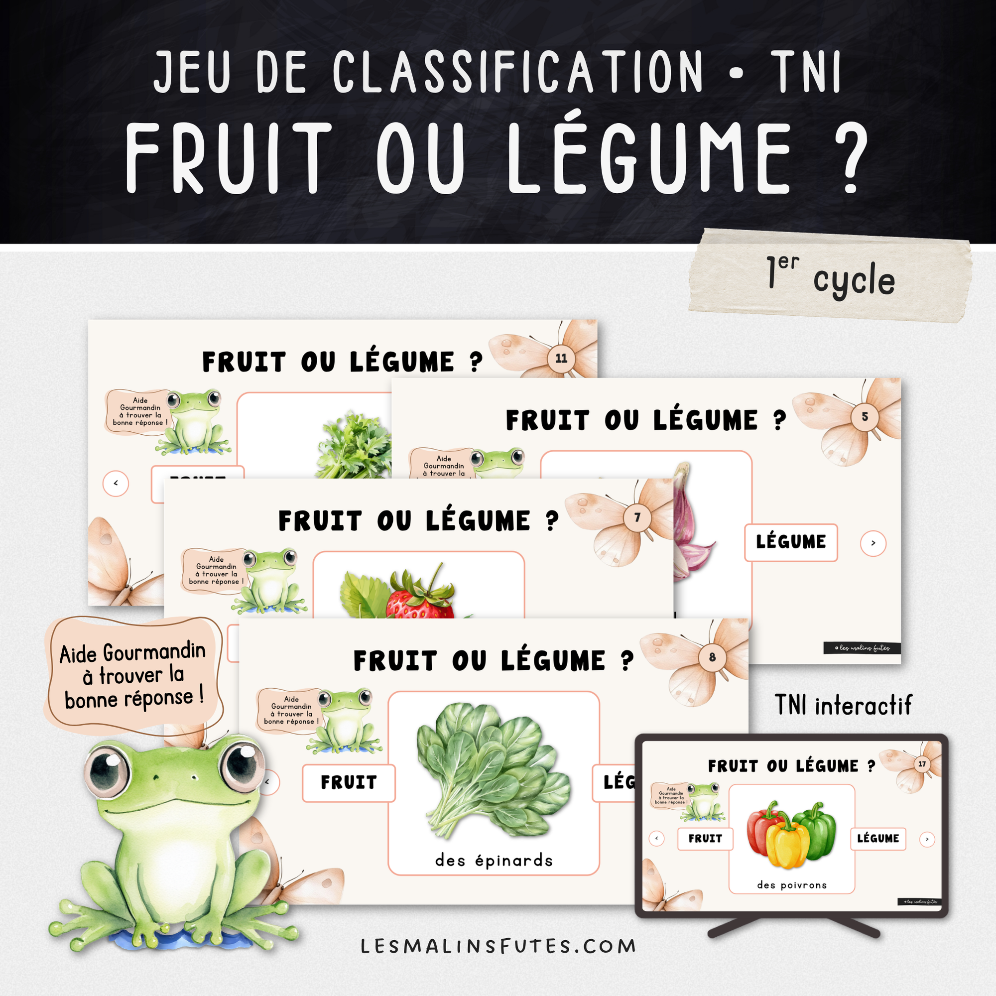 Diapositives pour TNI avec images de fruits et de légumes pour le 1er cycle. Les Malins Futés