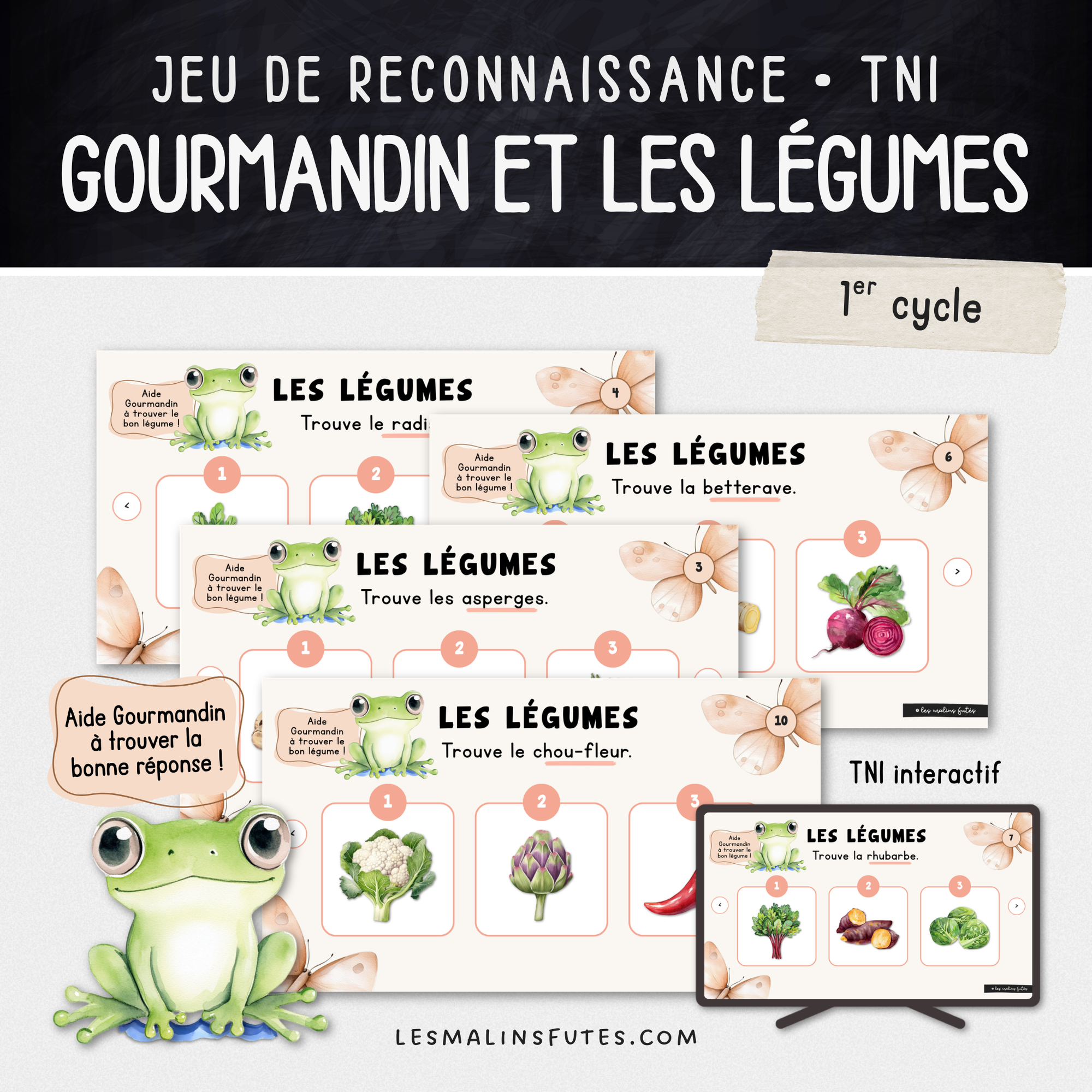 Diapositives colorées d'une activité de reconnaissance des légumes pour le 1er cycle du primaire. Les Malins Futés