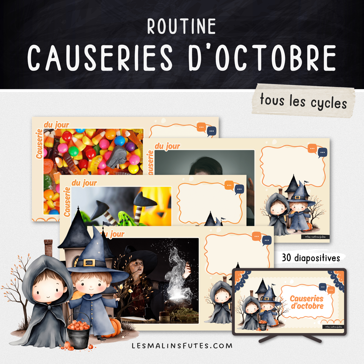 Illustrations des diaporamas pour les causeries d'octobre personnalisables et à projeter au TNI. Les Malins Futés