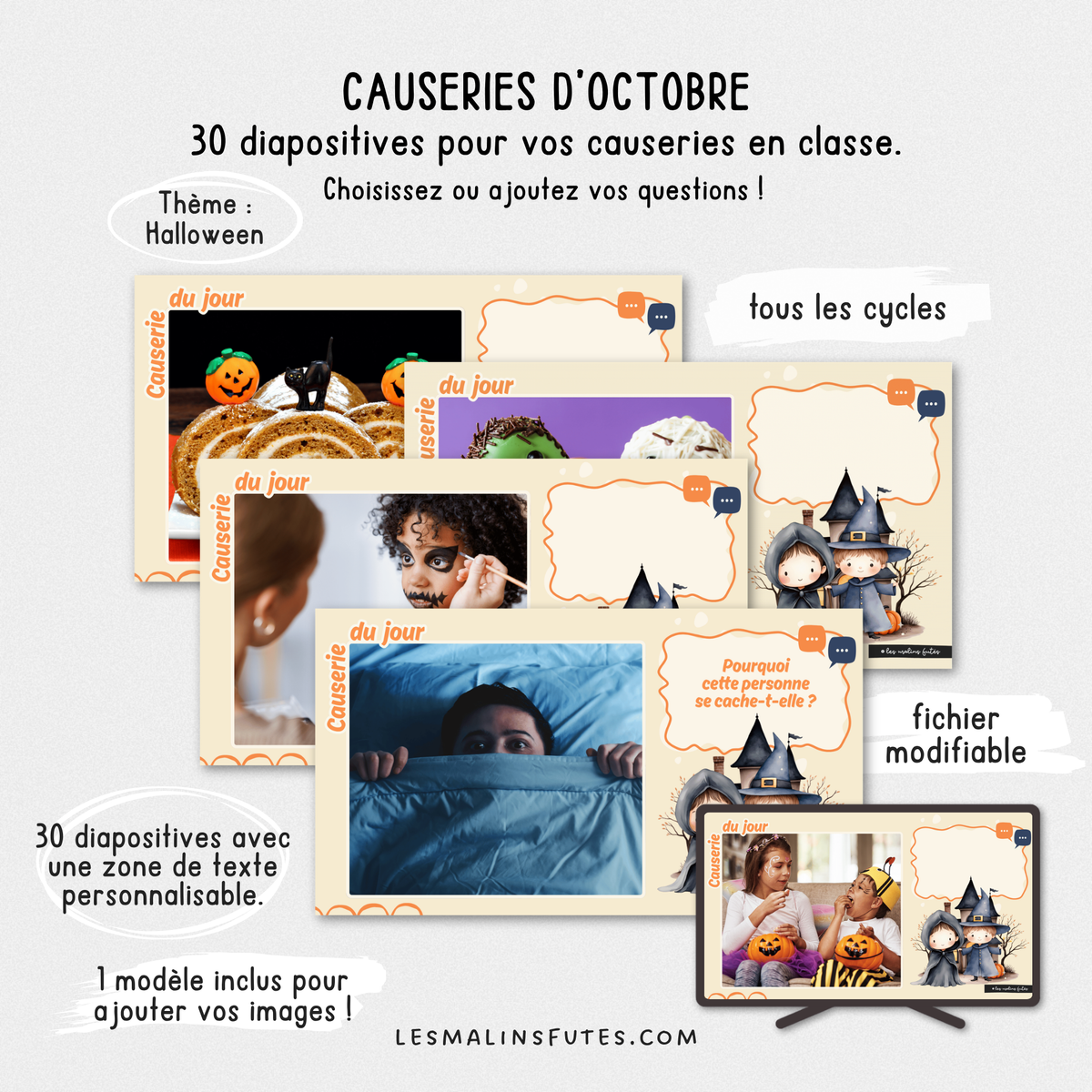 Illustrations des diaporamas pour les causeries d'octobre personnalisables et à projeter au TNI. Les Malins Futés