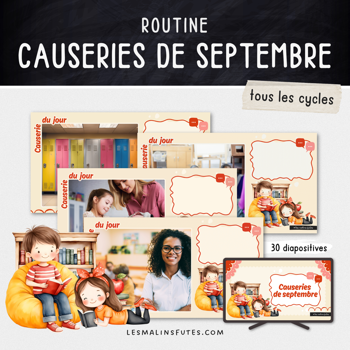 Illustrations des diaporamas pour les causeries de septembre personnalisables à projeter au TNI. Les Malins Futés