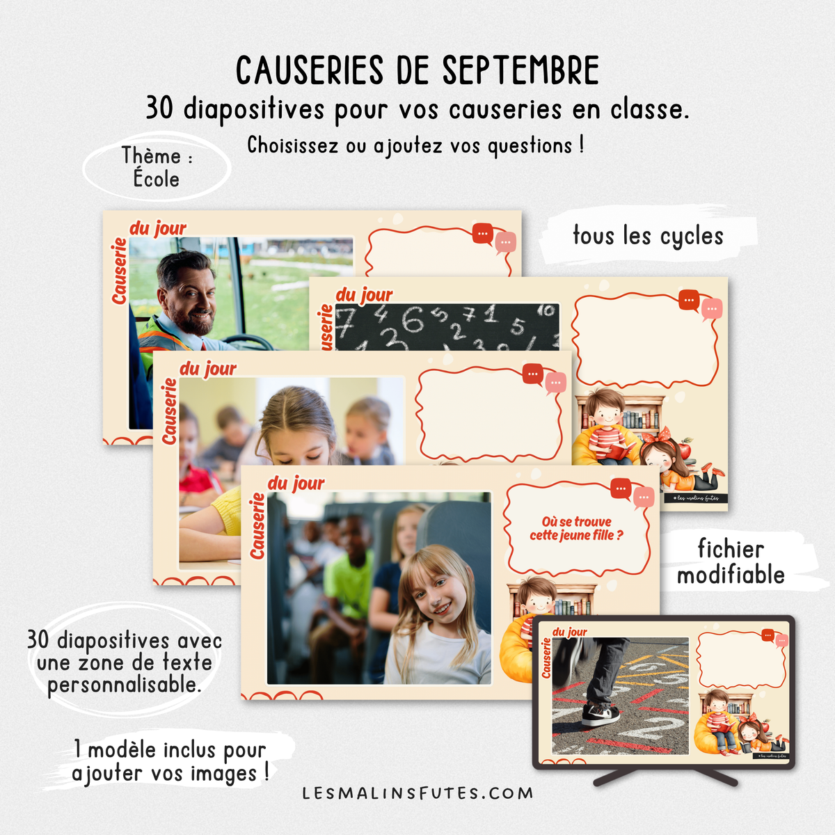 Illustrations des diaporamas pour les causeries de septembre personnalisables à projeter au TNI. Les Malins Futés