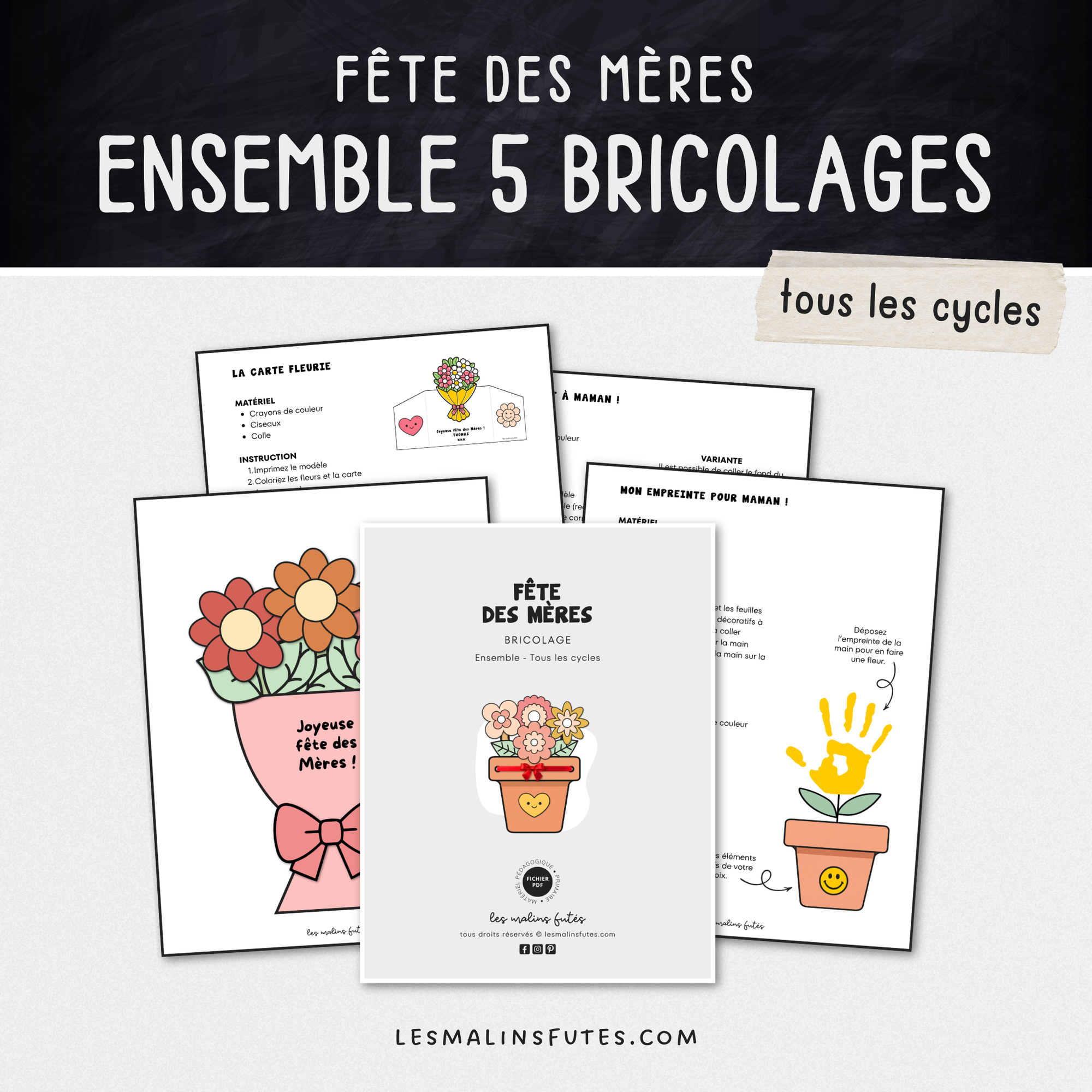 5 activités de bricolages pour la fête des Mères avec instruction et éléments graphiques. Les Malins Futés