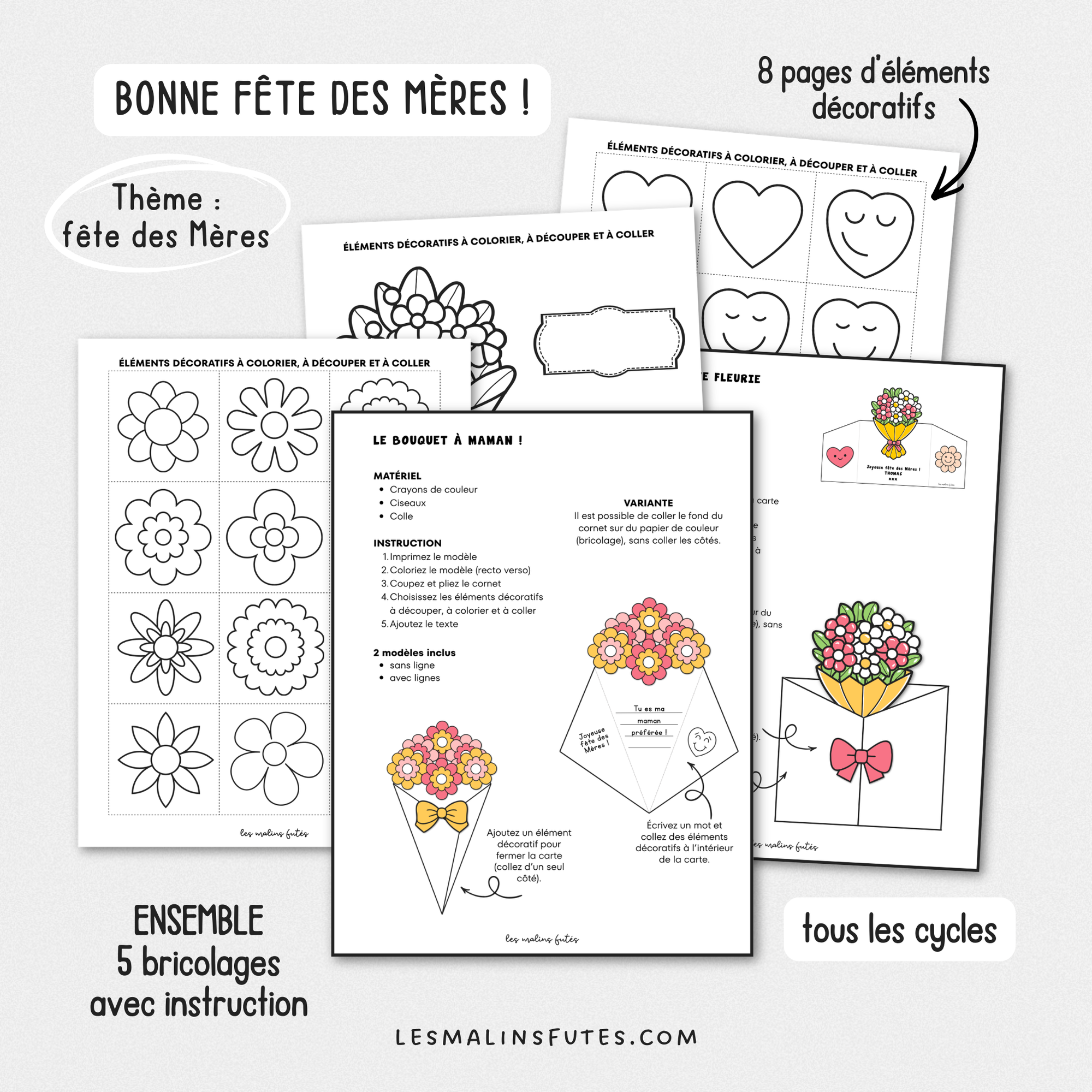 5 activités de bricolages pour la fête des Mères avec instruction et éléments graphiques. Les Malins Futés