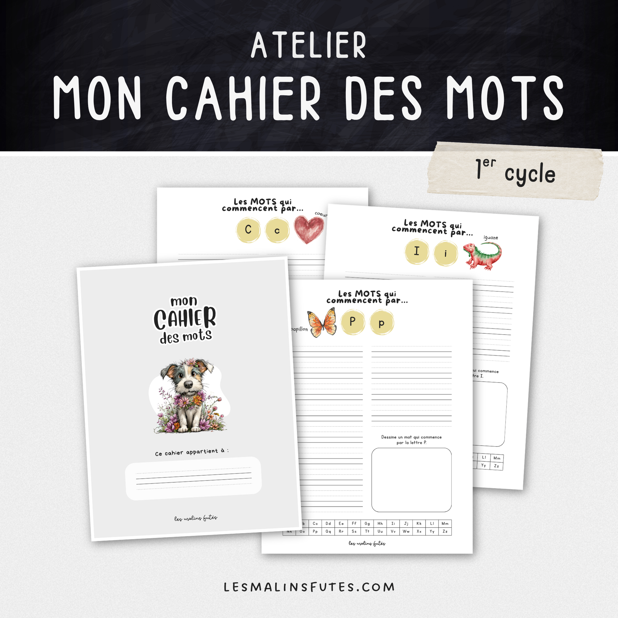 Cahier d'écriture des mots à l'étude pour les élèves du 1er cycle avec éléments graphiques. Les Malins Futés