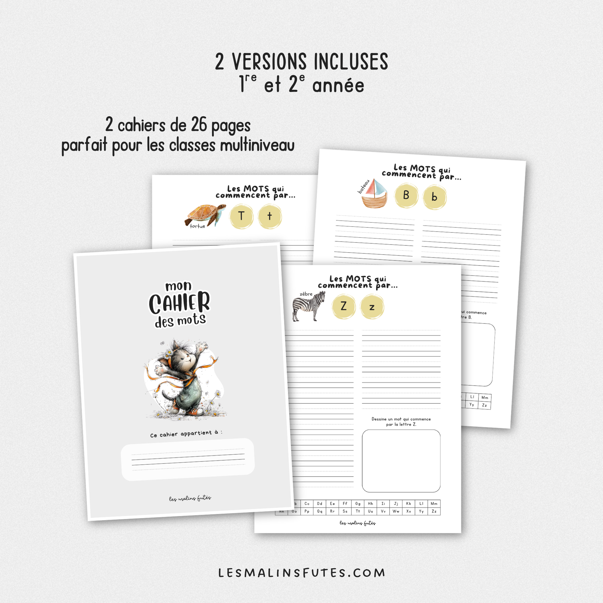 Cahier d'écriture des mots à l'étude pour les élèves du 1er cycle avec éléments graphiques. Les Malins Futés