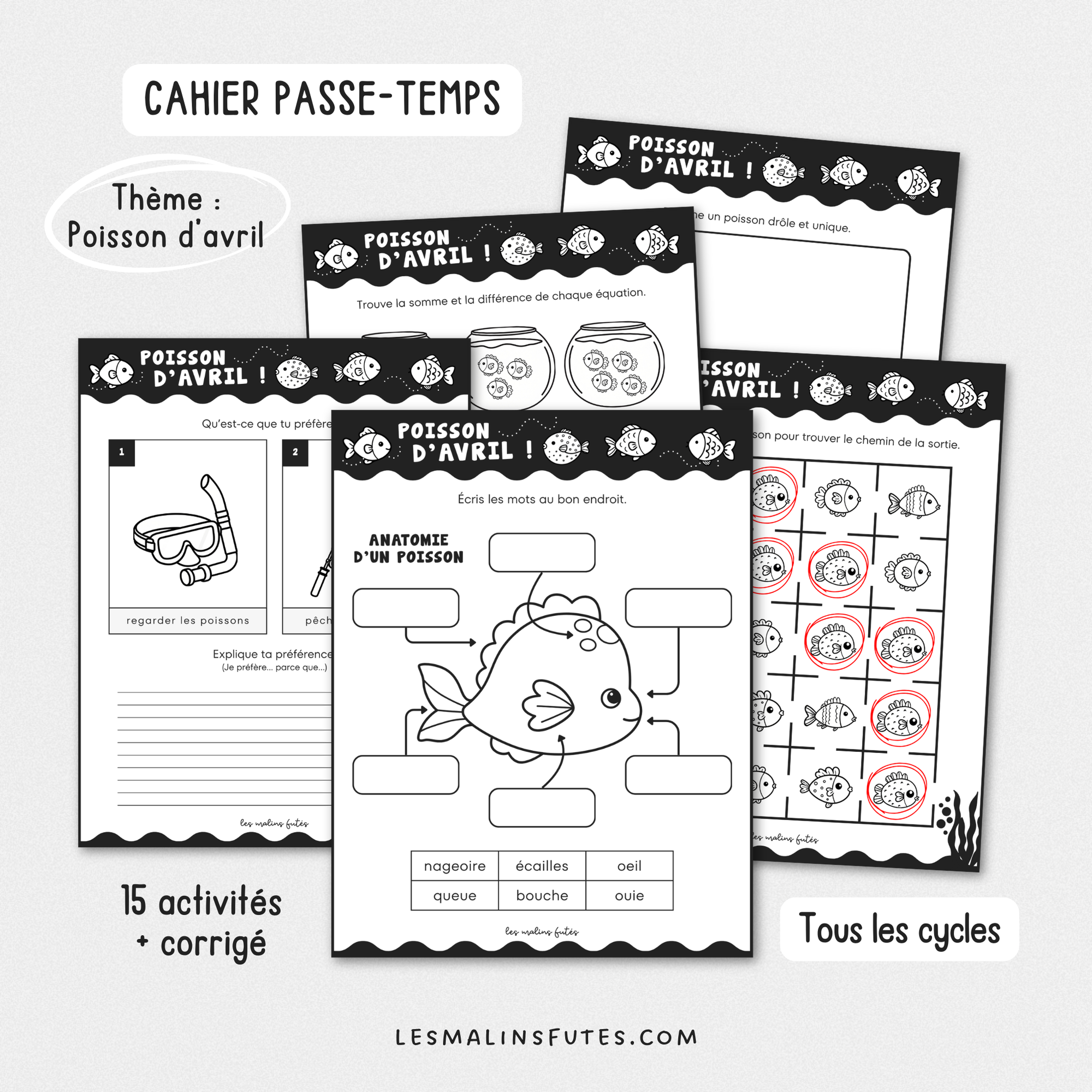 Illustration d'un cahier passe-temps sur le thème du poisson d'avril pour tous les cycles du primaire avec éléments graphiques. Les Malins Futés