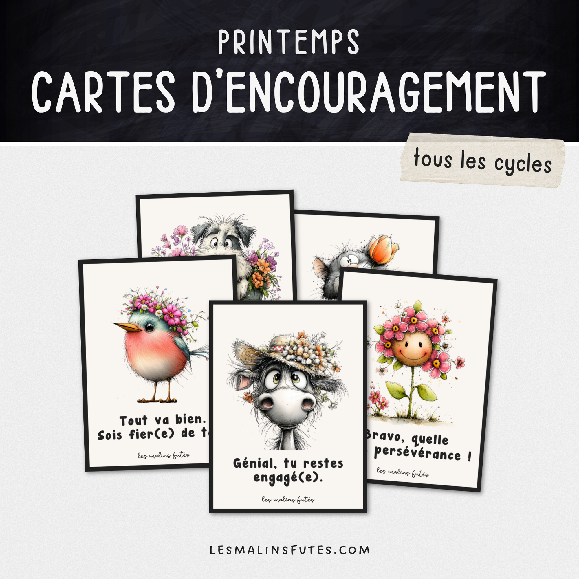 Cartes de renforcement positif pour les élèves du primaire avec éléments graphiques. Les Malins Futés