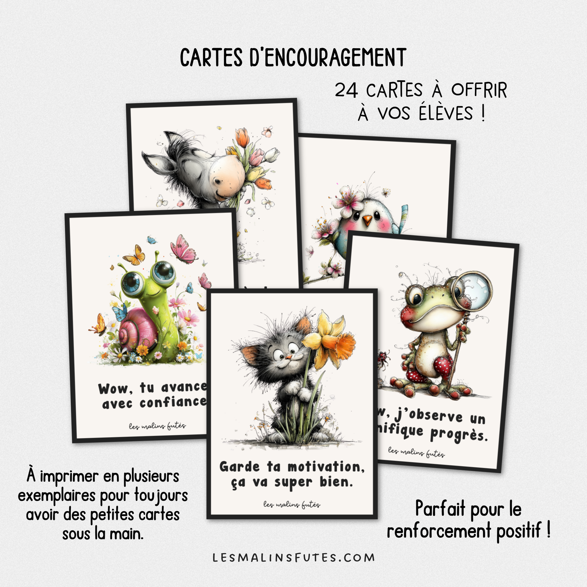 Cartes de renforcement positif pour les élèves du primaire avec éléments graphiques. Les Malins Futés