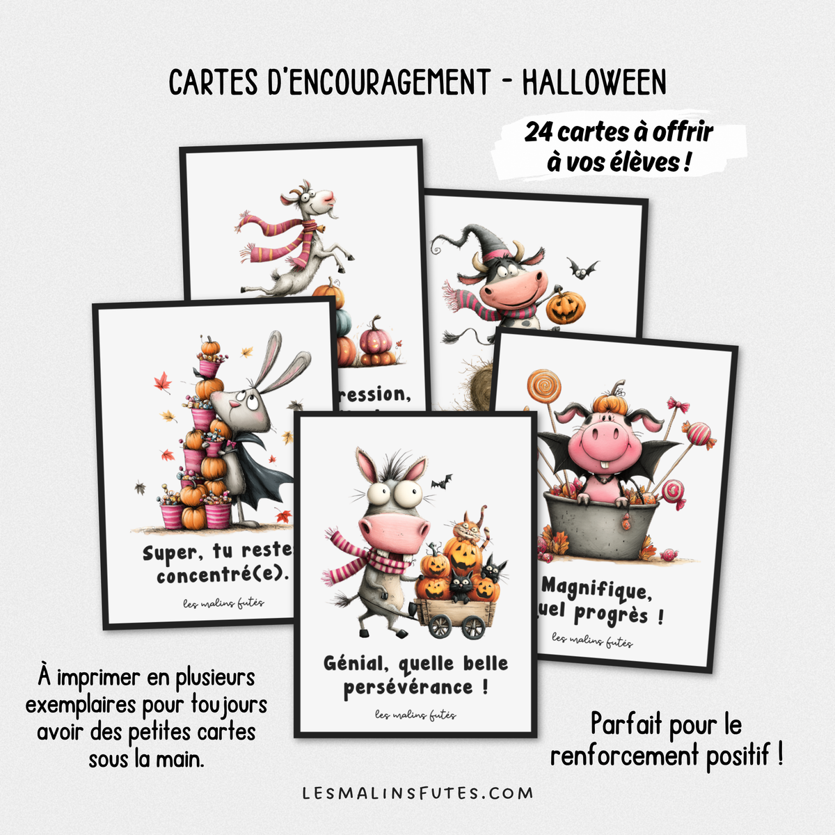 Cartes de renforcement positif pour les élèves du primaire avec éléments graphiques pour l'Halloween. Les Malins Futés