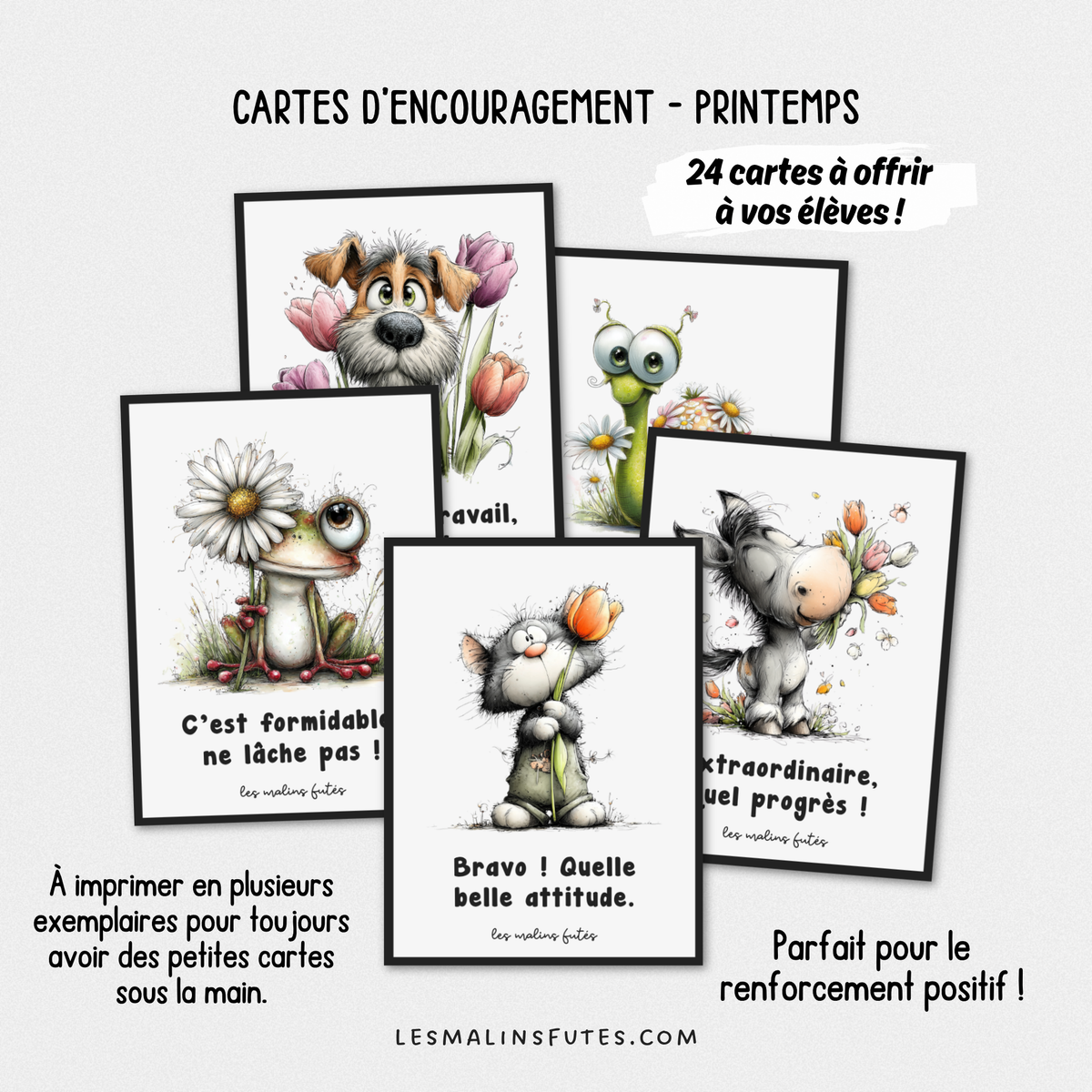 Cartes de renforcement positif pour les élèves du primaire avec éléments graphiques pour le printemps. Les Malins Futés