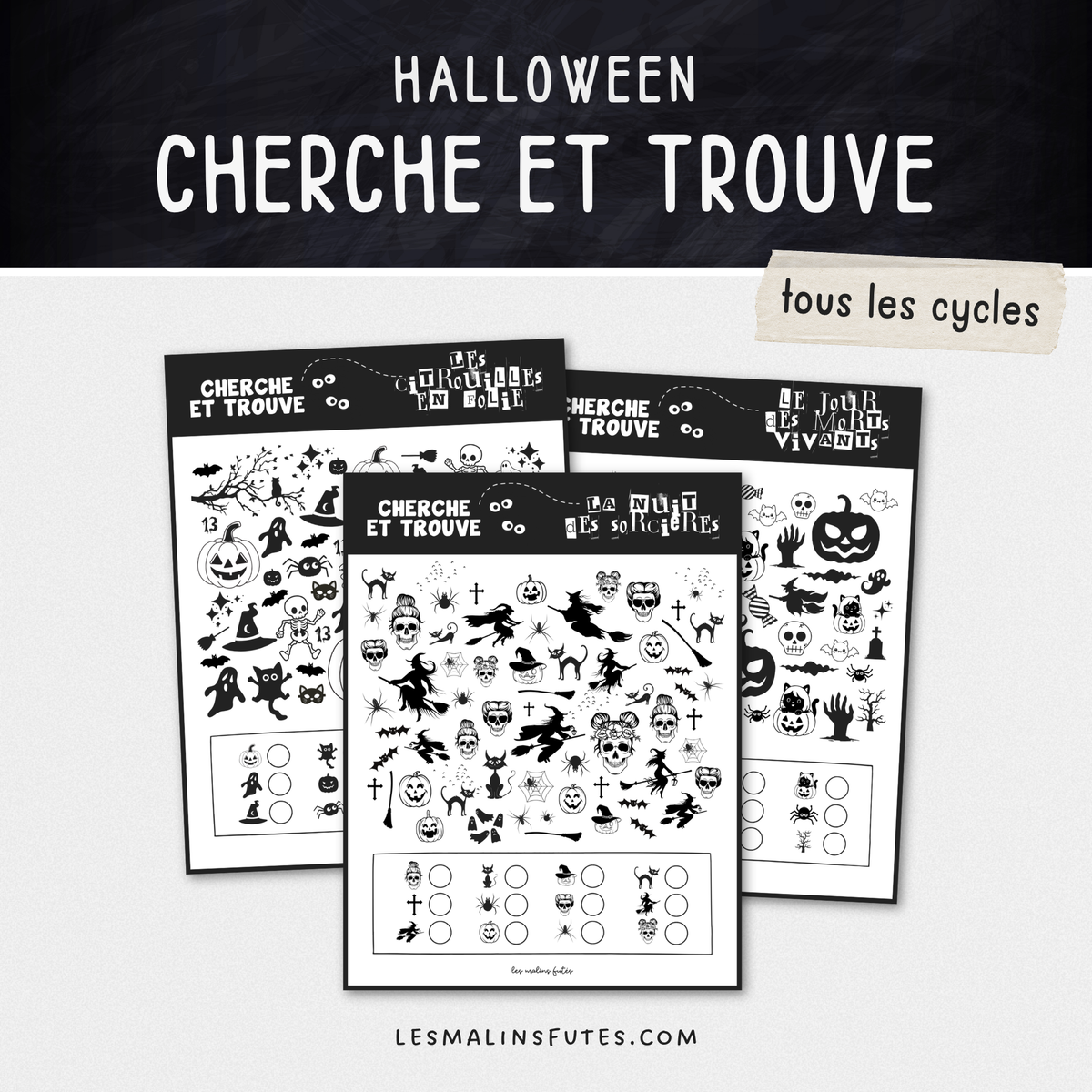 Illustrations de 3 cherche et trouve pour l'Halloween. Les Malins Futés