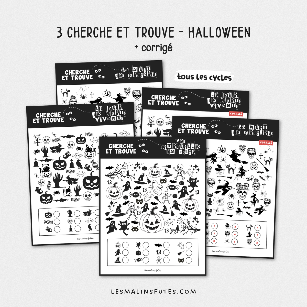 Illustrations de 3 cherche et trouve pour l'Halloween. Les Malins Futés