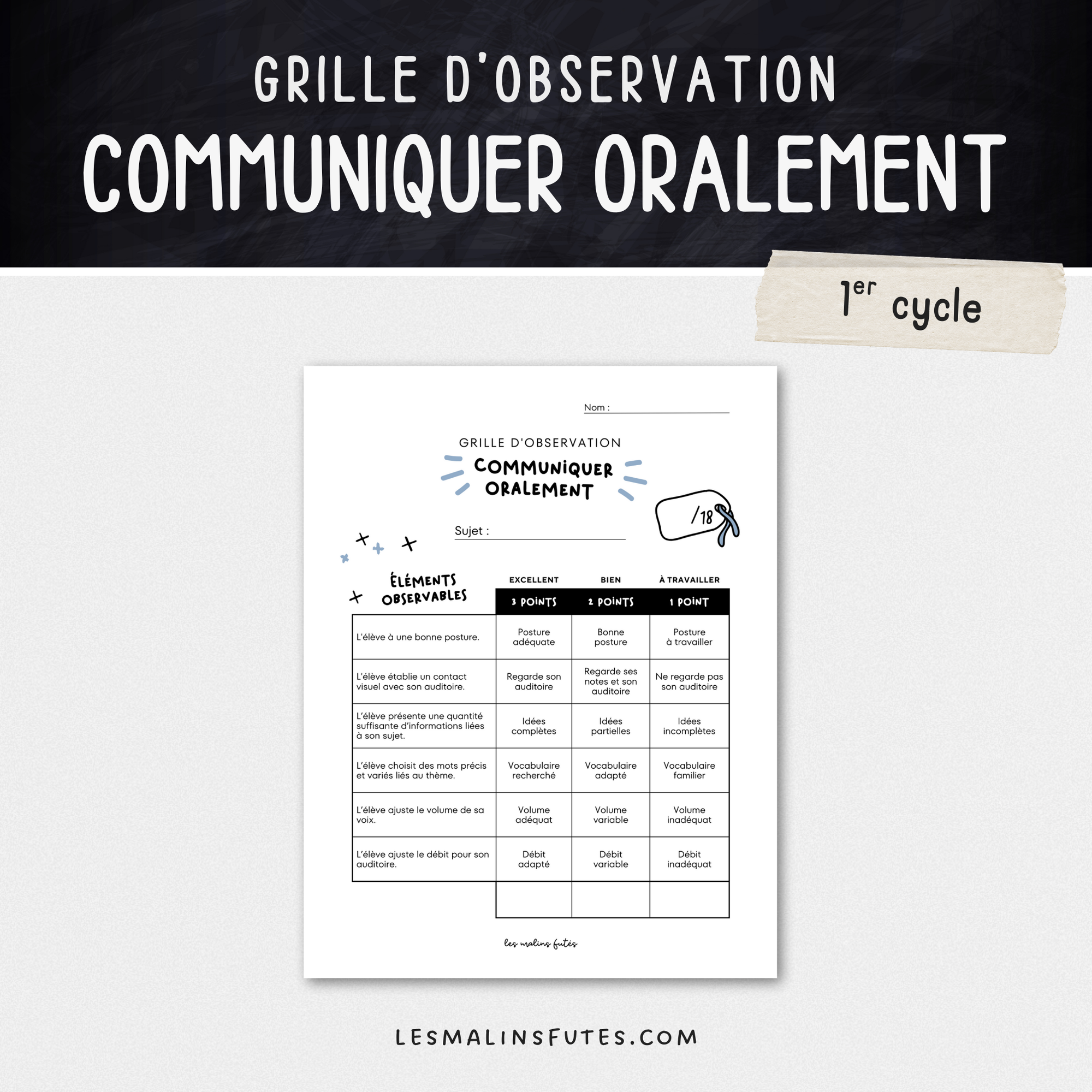 Grille d'observation - Communiquer oralement. Les Malins Futés