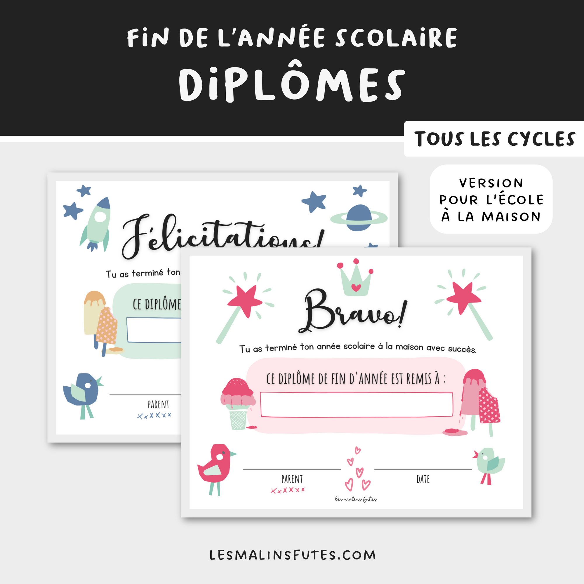 Diplôme de fin d'année pour l'école à la maison. Les Malins Futés