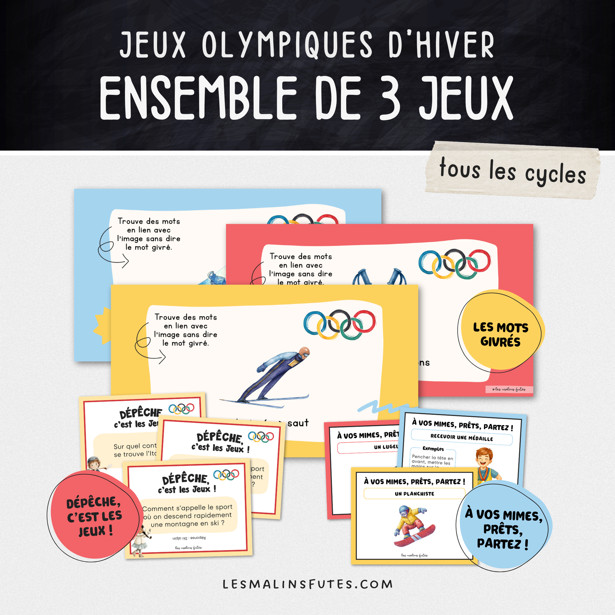 Ensemble de 3 jeux pour tous les cycles du primaire sr le thème des  Jeux olympiques 2026. Les Malins Futés