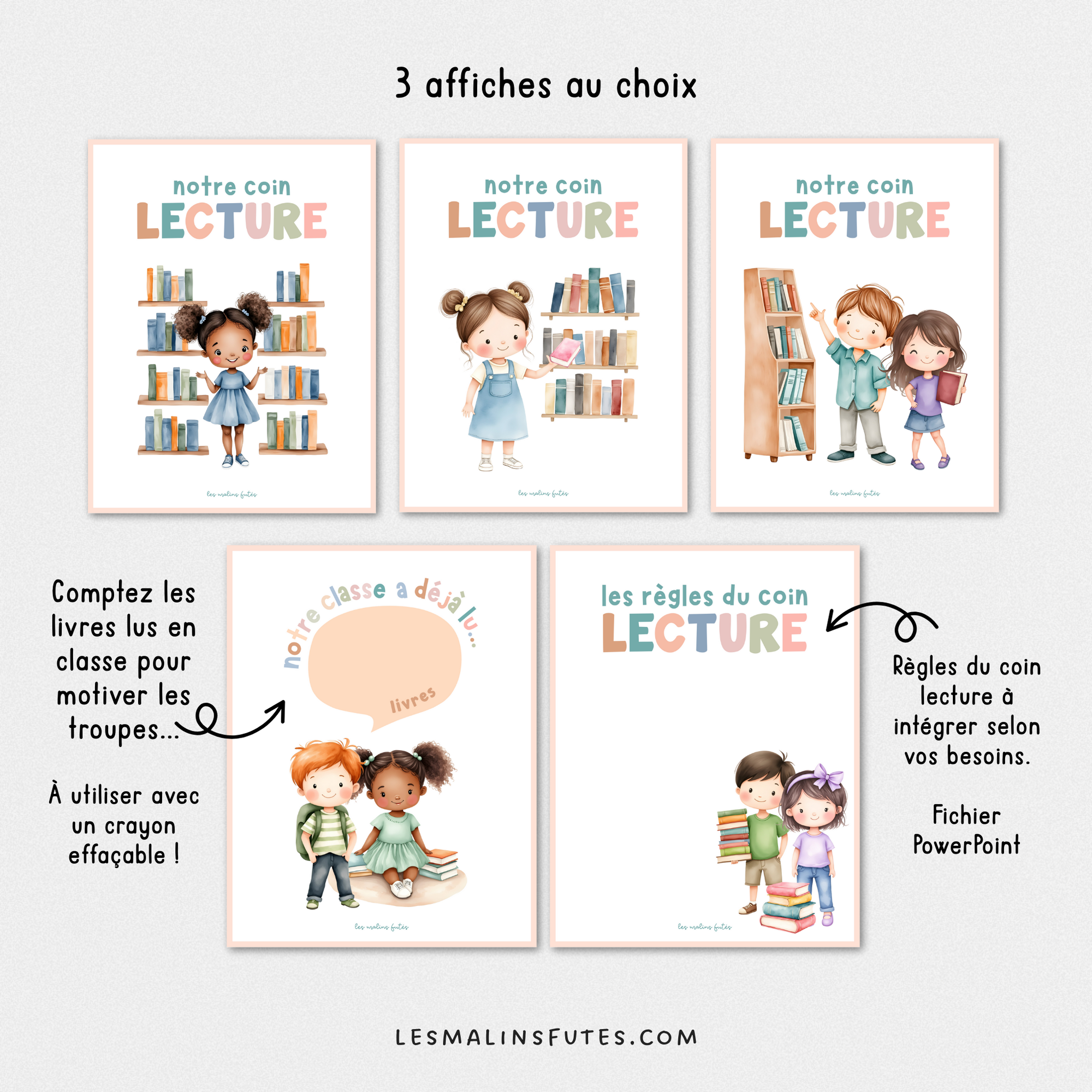 Ensemble affichage du coin lecture en classe. Les Malins Futés