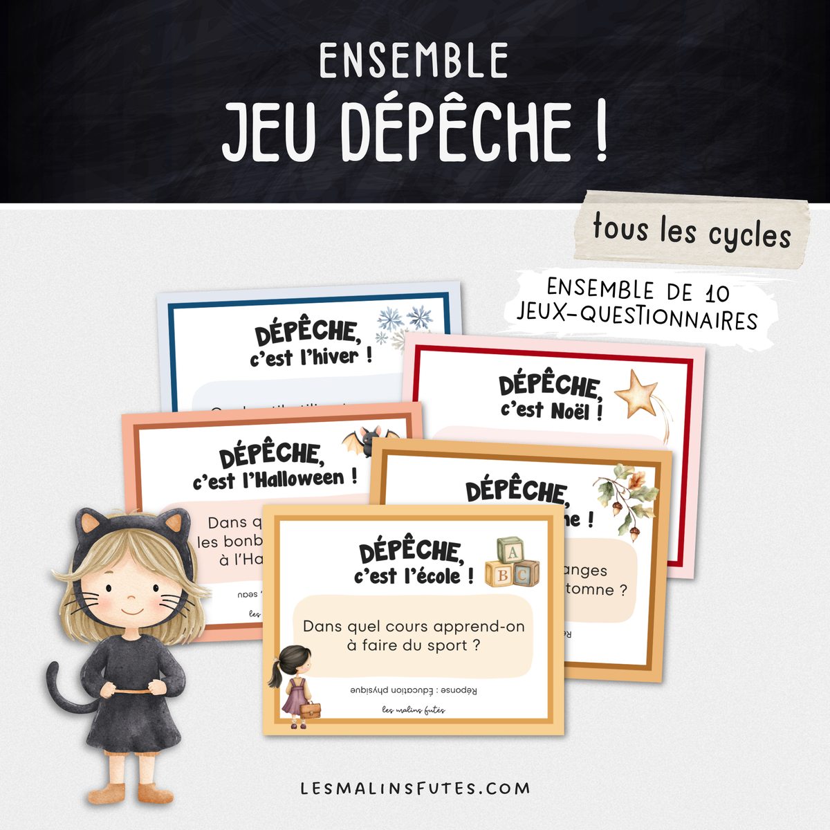 Cartes illustrées du jeu-questionnaire Dépêche! pour tous les cycles. Les Malins Futés