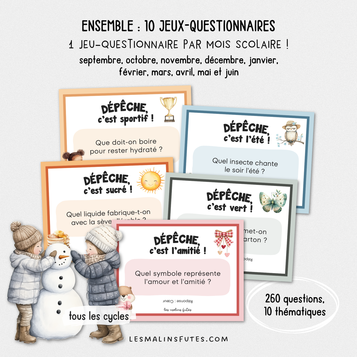 Cartes illustrées du jeu-questionnaire Dépêche! pour tous les cycles. Les Malins Futés