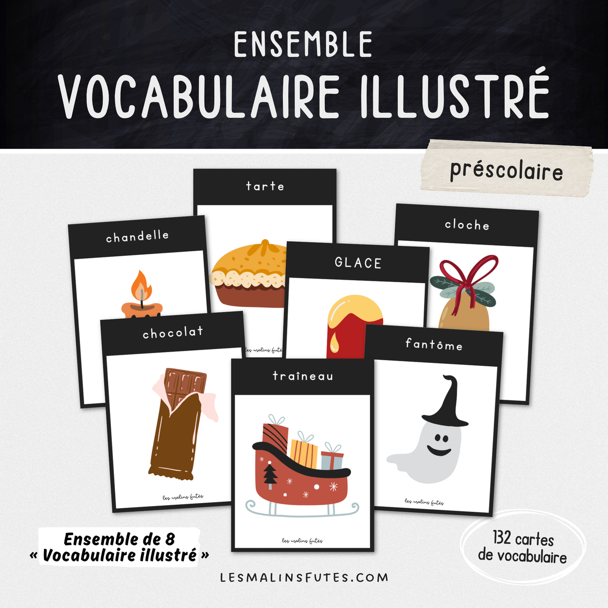 Illustrations de l'ensemble de cartes de la série Vocabulaire illustré pour le préscolaire. Les Malins Futés