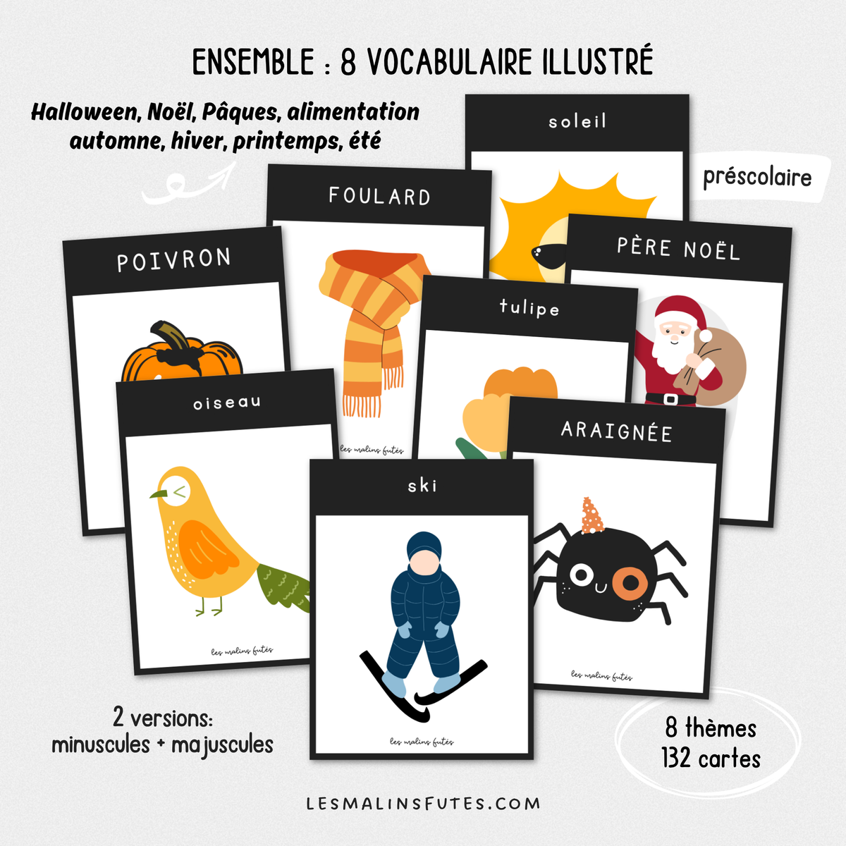 Illustrations de l'ensemble de cartes de la série Vocabulaire illustré pour le préscolaire. Les Malins Futés