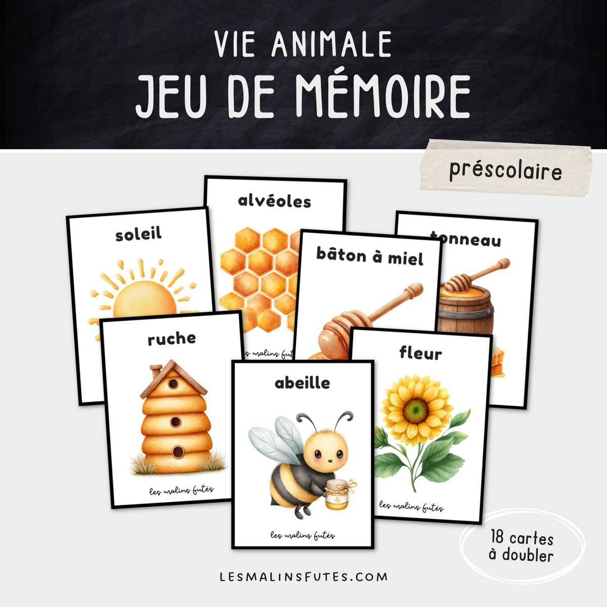 Illustrations des cartes d'un jeu de mémoire sur les abeilles pour le préscolaire. Les Malins Futés