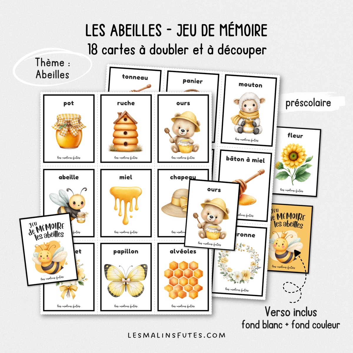 Illustrations des cartes d'un jeu de mémoire sur les abeilles pour le préscolaire. Les Malins Futés
