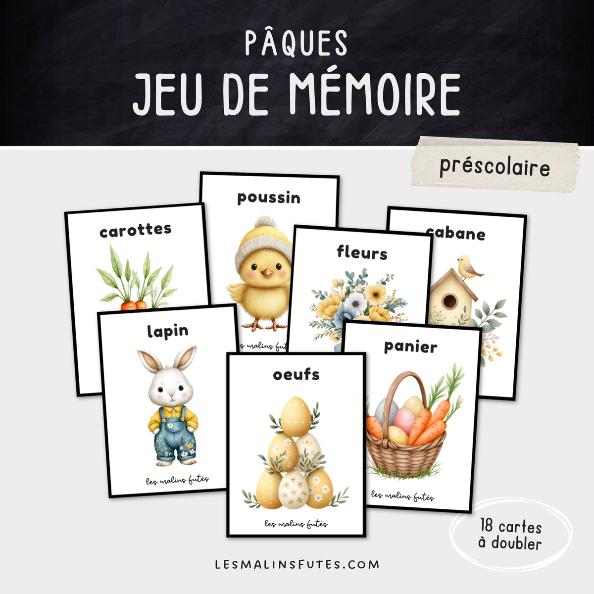 Illustrations du jeu de mémoire sur le thème de Pâques pour le préscolaire. Les Malins Futés